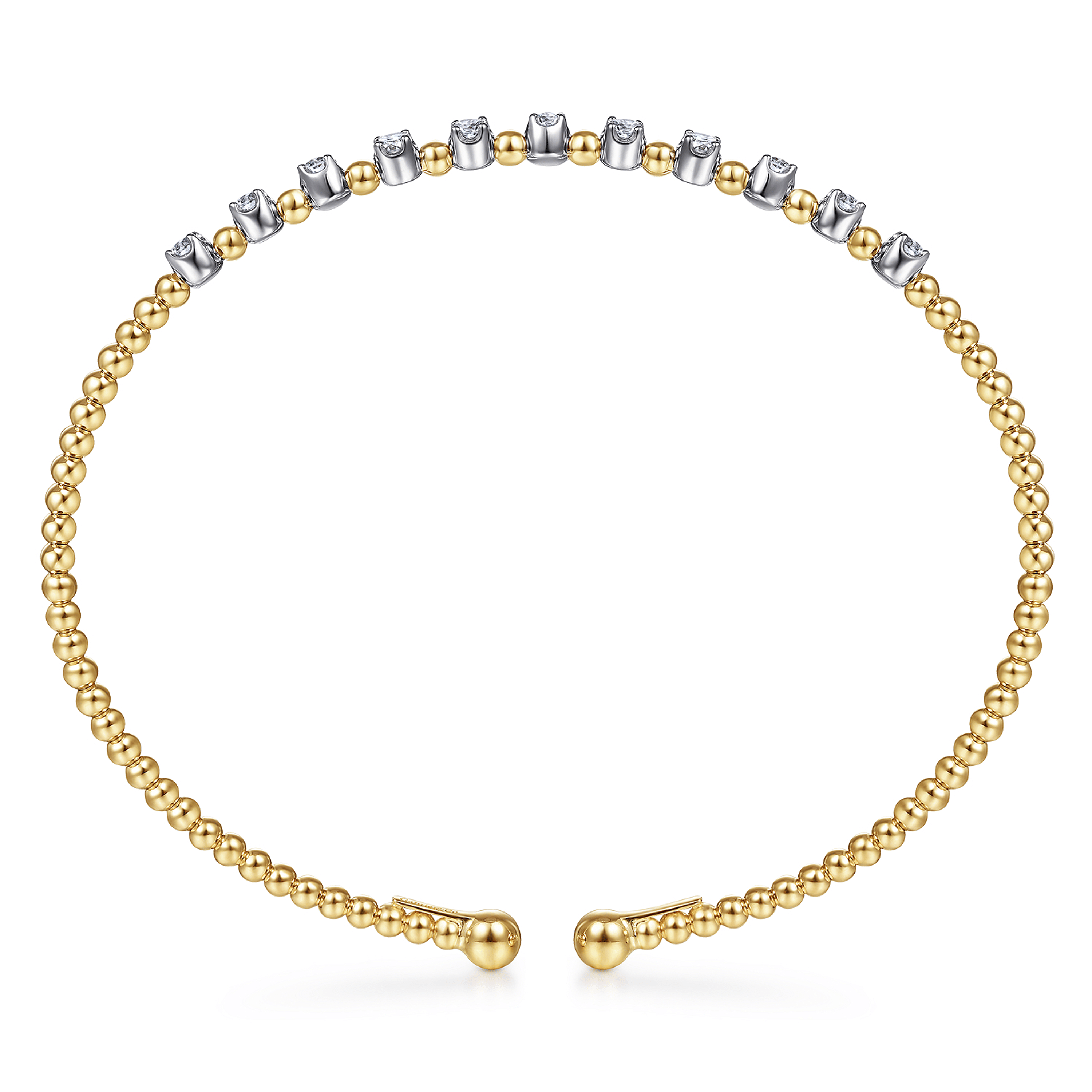 14K Yellow Gold Bujukan Bead Split Cuff Bracelet with Round White Gold Diamond Stations