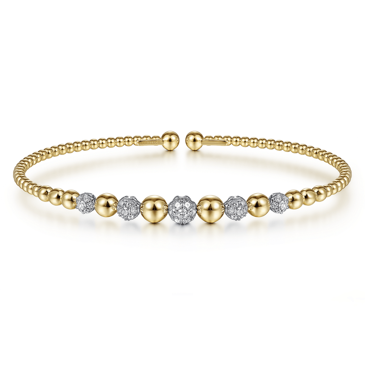 14K Yellow-White Gold Bujukan Bead Cuff Bracelet with Pave Diamond Stations