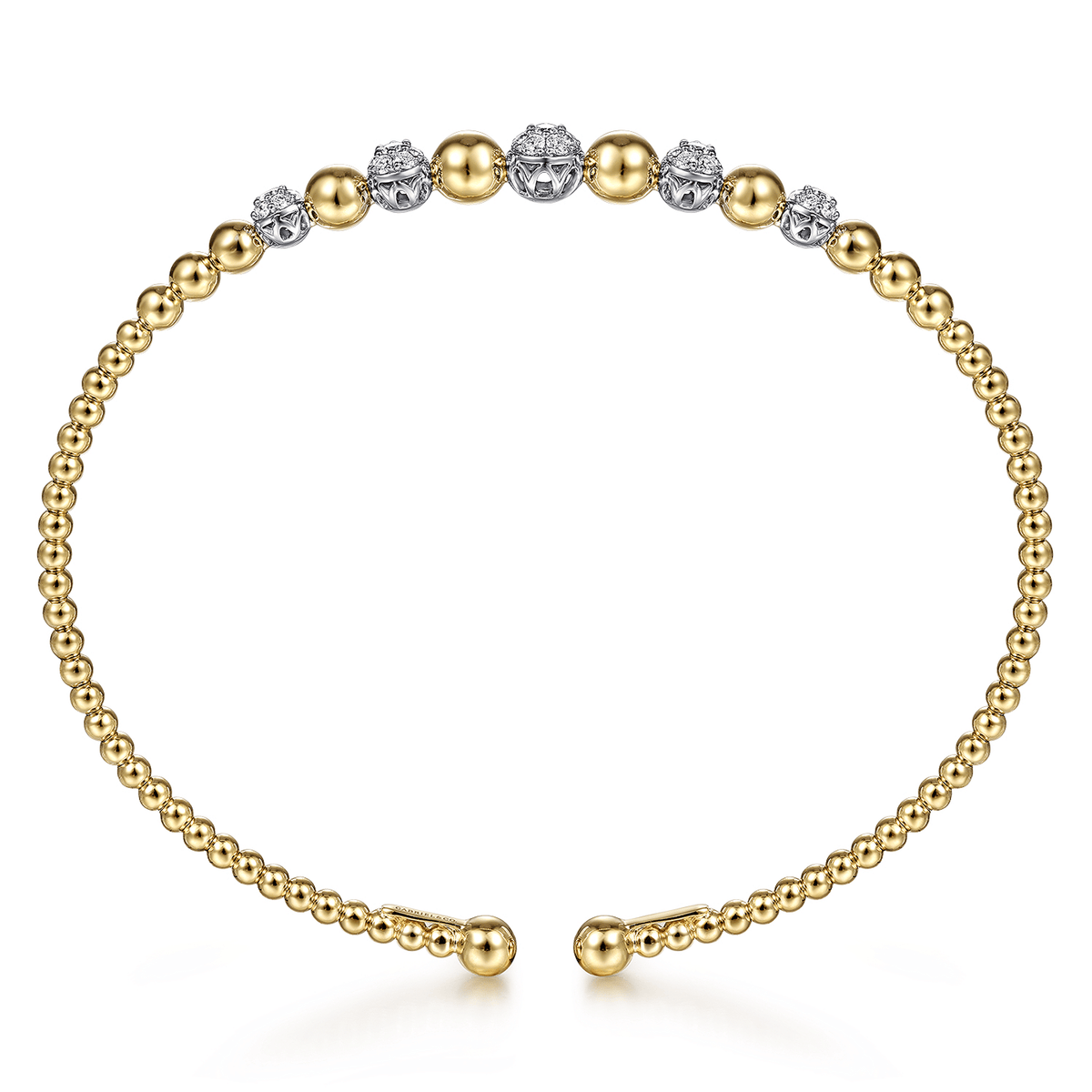 14K Yellow-White Gold Bujukan Bead Cuff Bracelet with Pave Diamond Stations