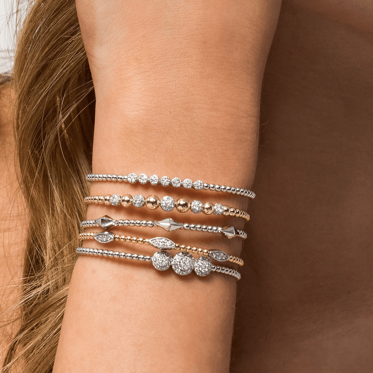 14K Yellow-White Gold Bujukan Bead Cuff Bracelet with Pave Diamond Stations