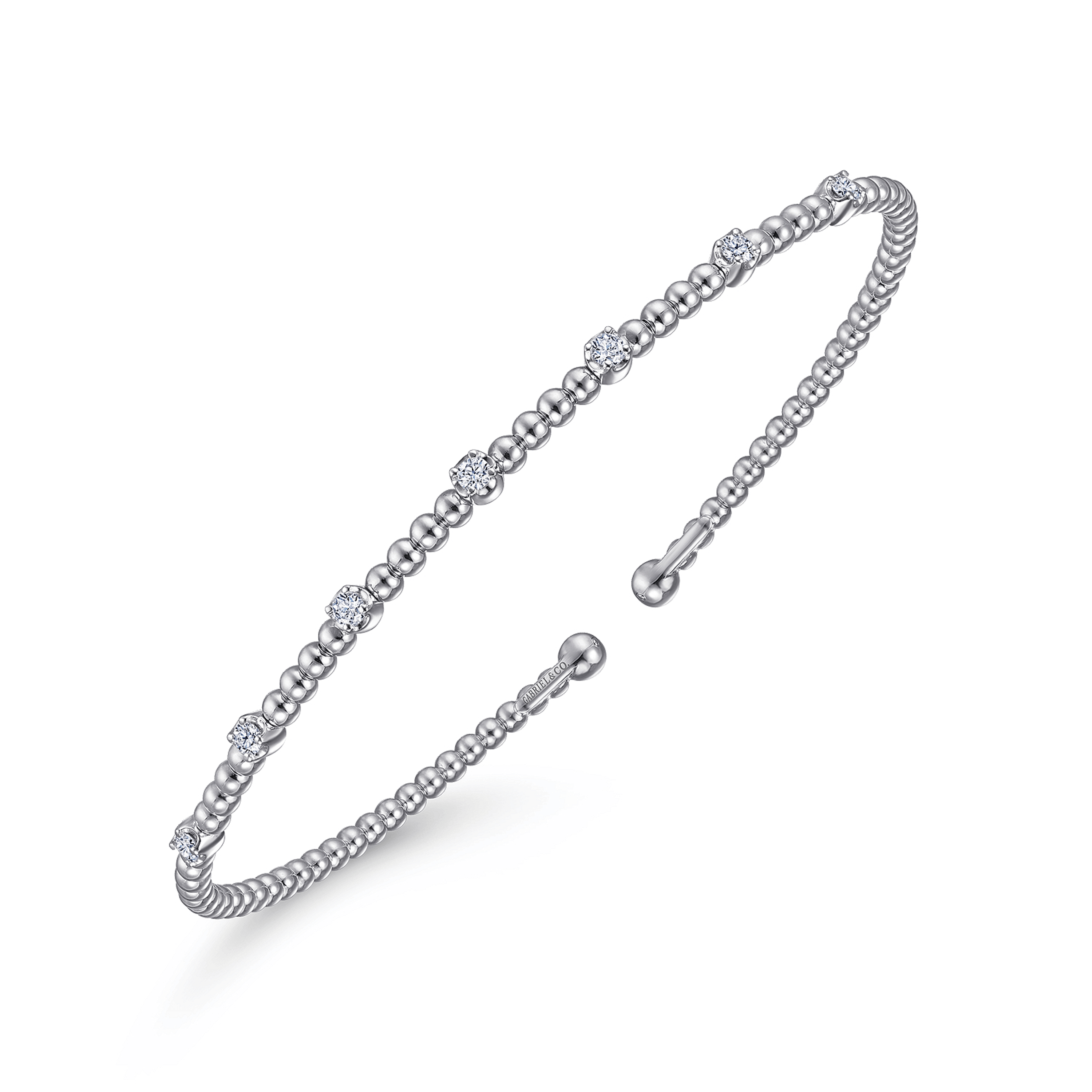 14K White Gold Bujukan Bead Cuff Bracelet with Diamond Stations