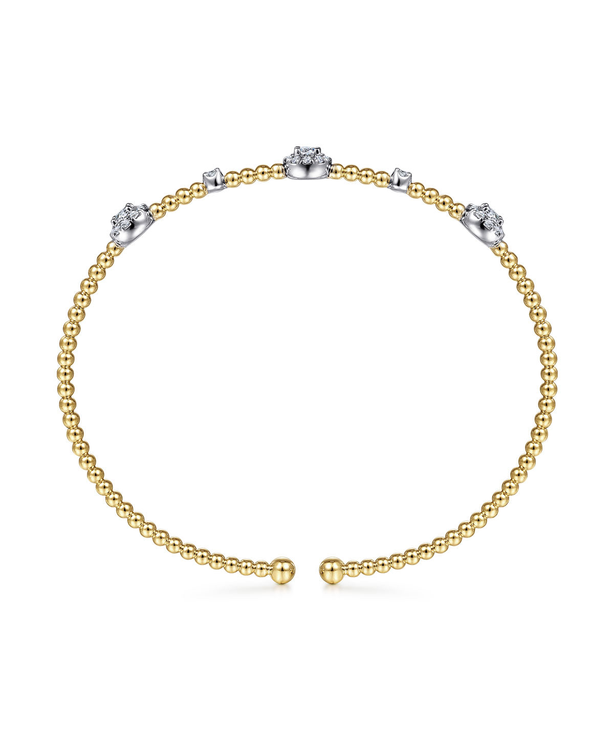 14K White-Yellow Gold Bujukan Bead Cuff Bracelet with Diamond Cluster Stations