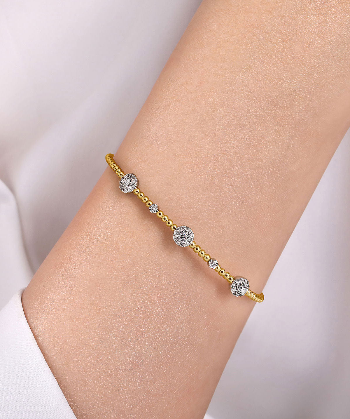 14K White-Yellow Gold Bujukan Bead Cuff Bracelet with Diamond Cluster Stations