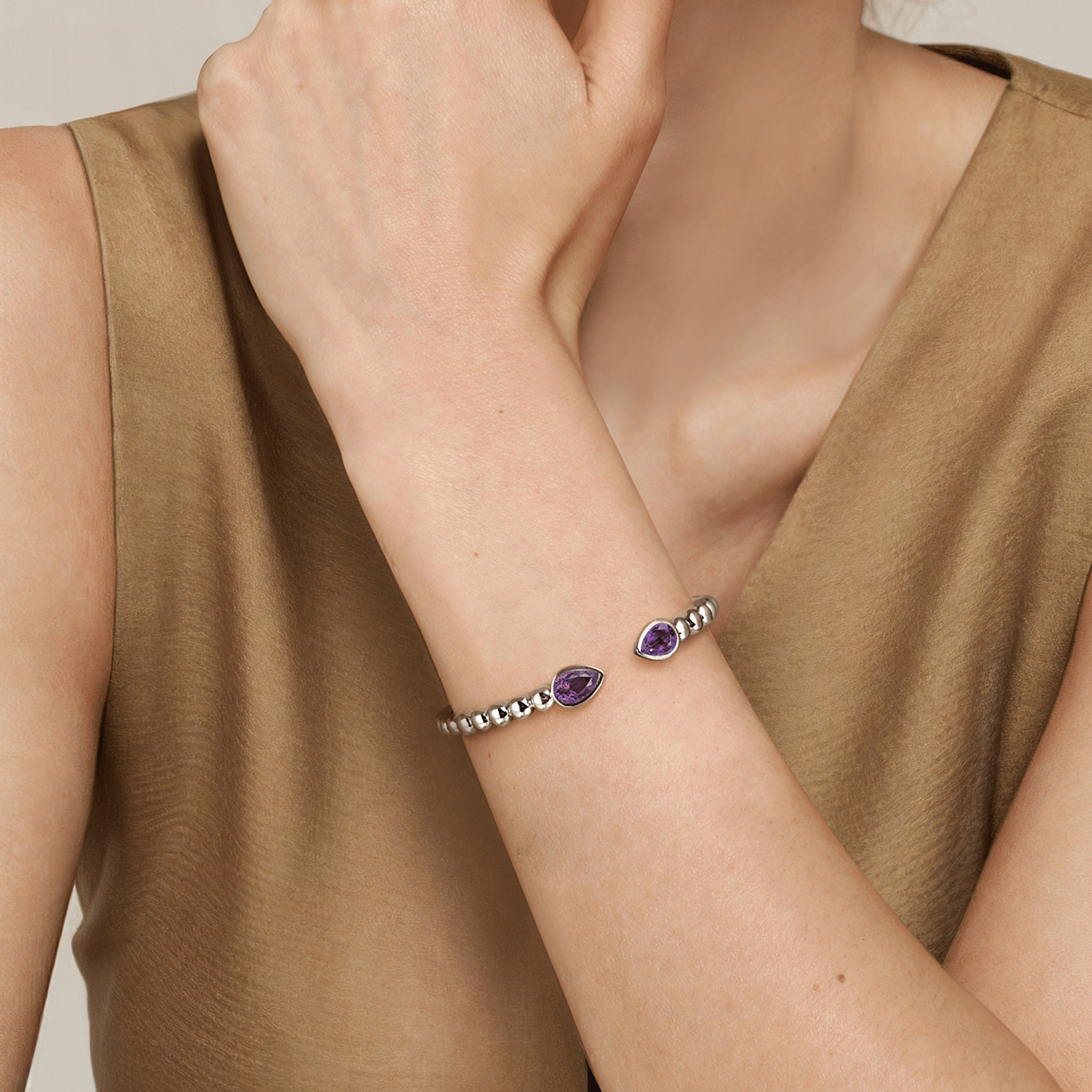 925 Sterling Silver Bujukan and Pear Shape Amethyst Split Bangle Bracelet
