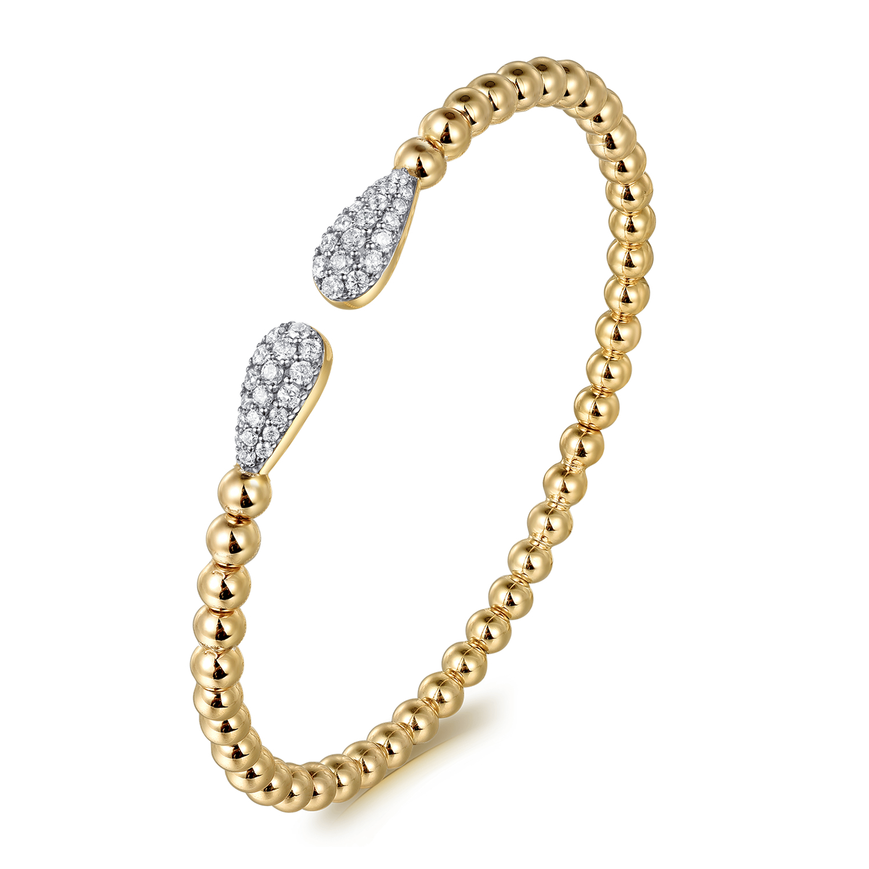 14K Yellow Gold Bujukan and Pave Diamond Teardrop Open Bangle Bracelet