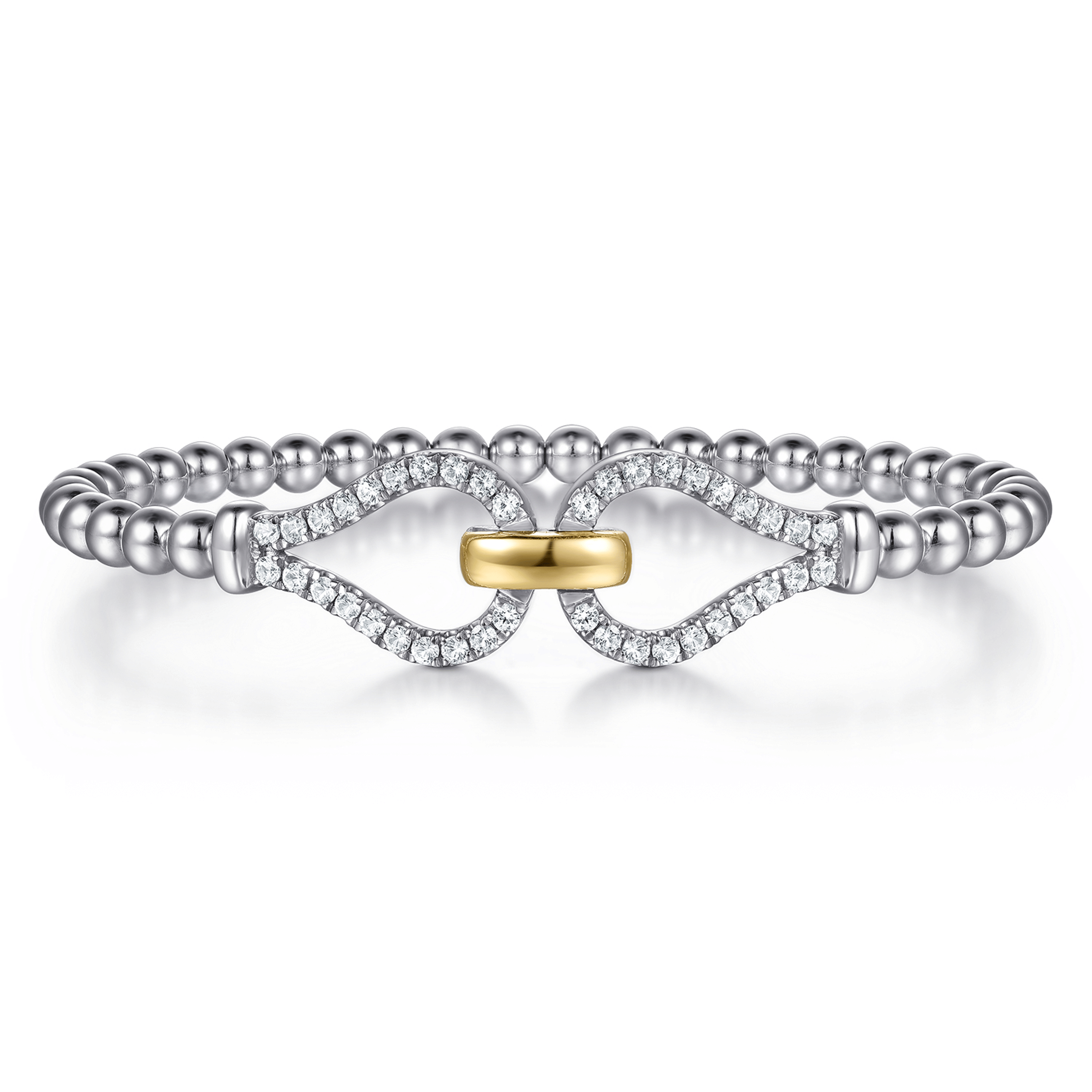 14K Yellow Gold and 925 Sterling Silver Bujukan Beaded White Sapphire Stirrup Closed Bangle Bracelet