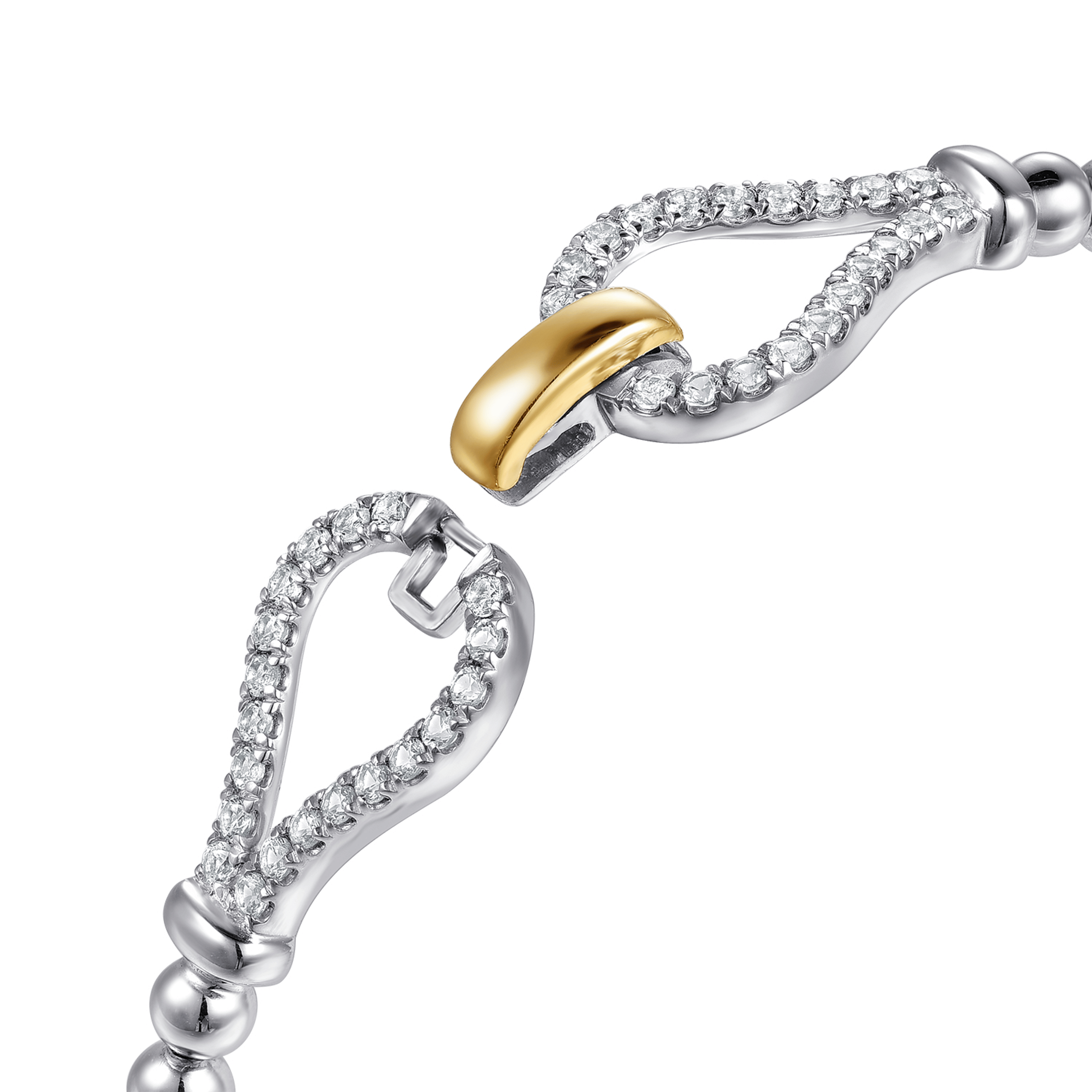 14K Yellow Gold and 925 Sterling Silver Bujukan Beaded White Sapphire Stirrup Closed Bangle Bracelet