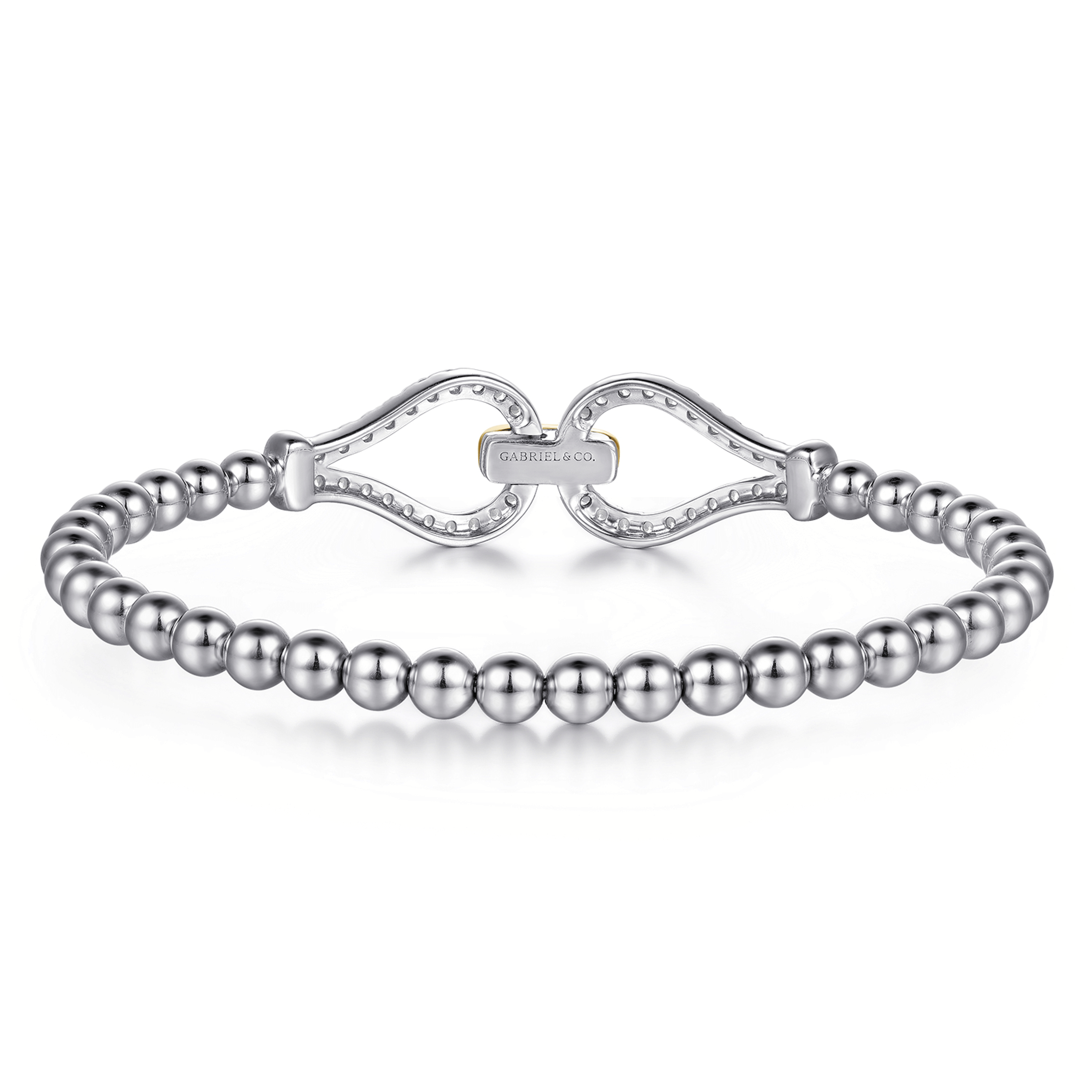 14K Yellow Gold and 925 Sterling Silver Bujukan Beaded White Sapphire Stirrup Closed Bangle Bracelet
