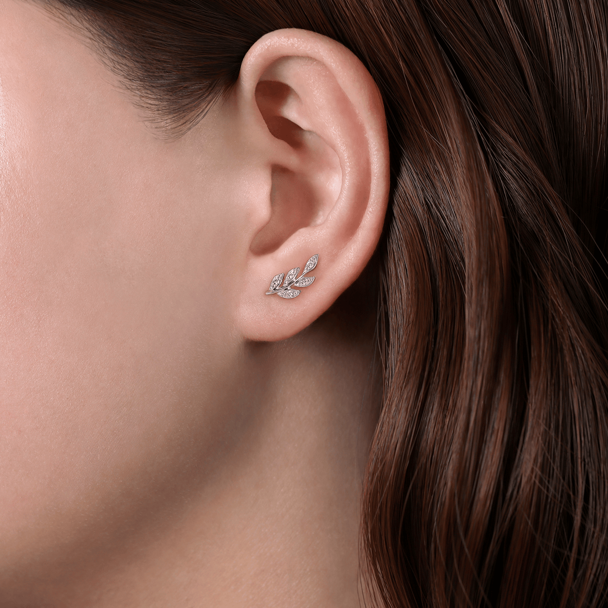 14K White Gold Diamond Leaf Stud Earrings