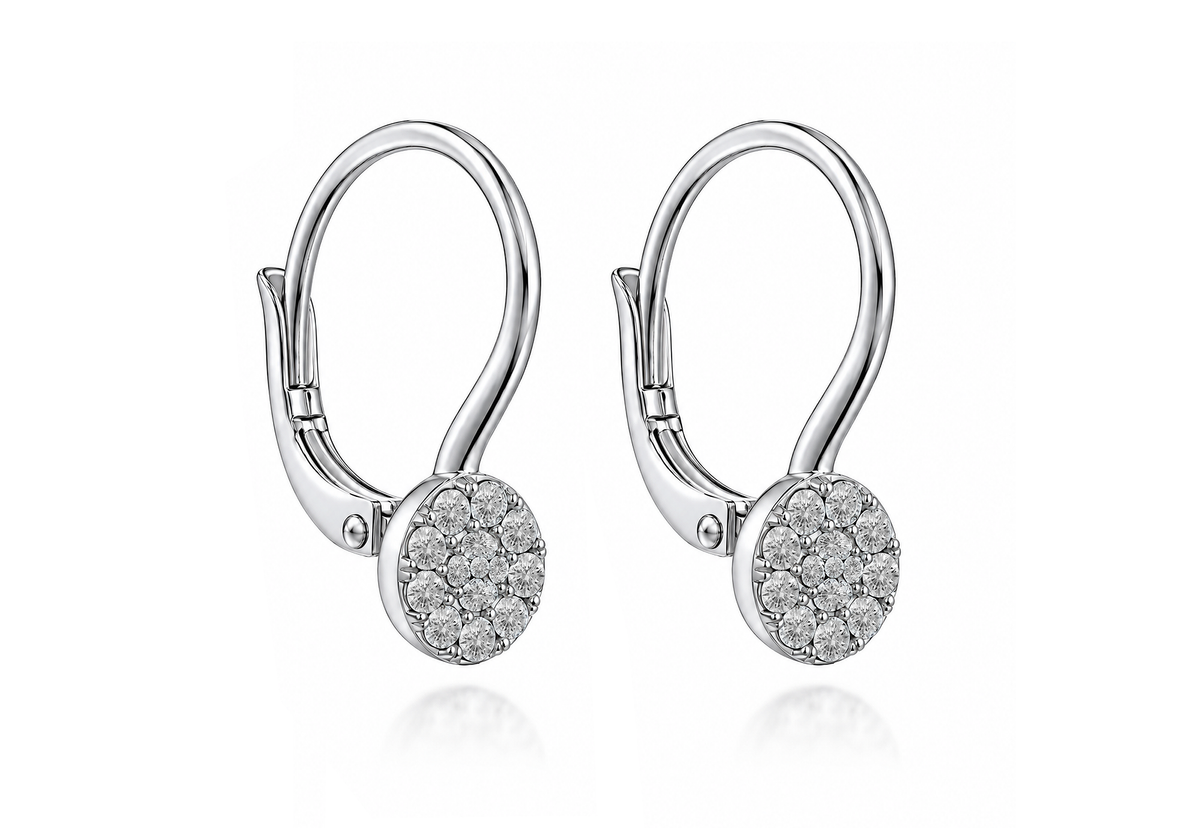 14K White Gold Round Pave Diamond Drop Earrings
