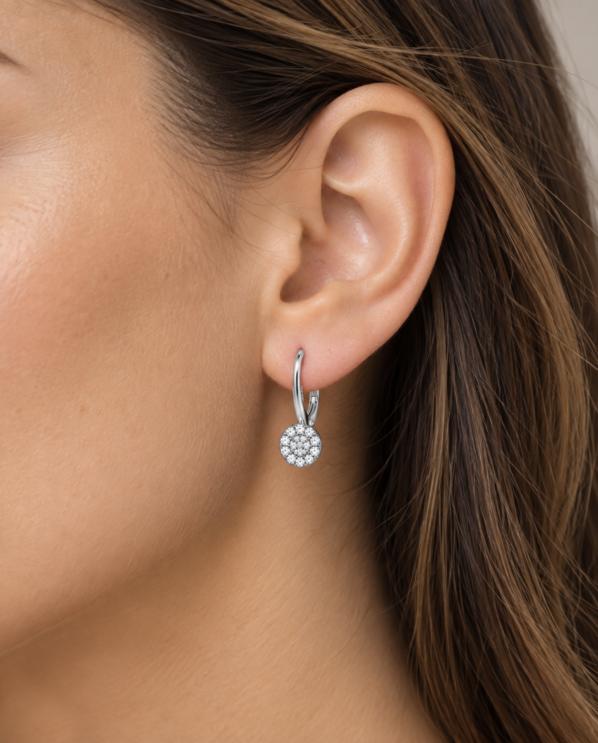 14K White Gold Round Pave Diamond Drop Earrings