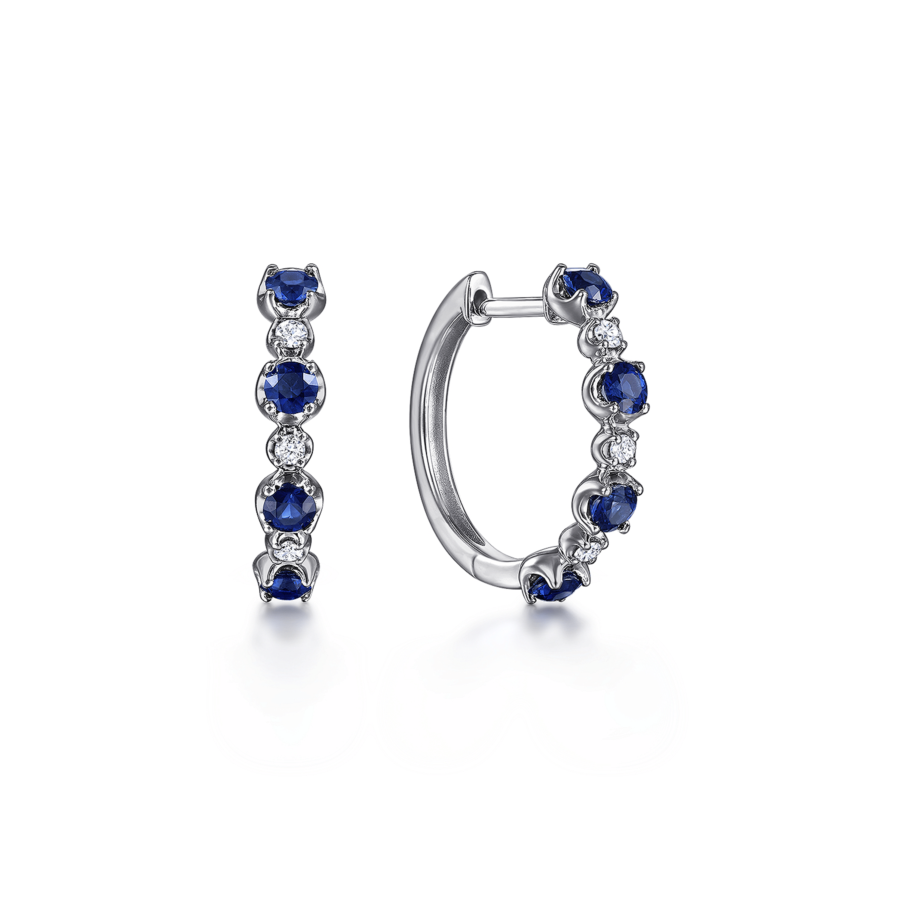 14K White Gold Diamond and Sapphire Huggie Earrings