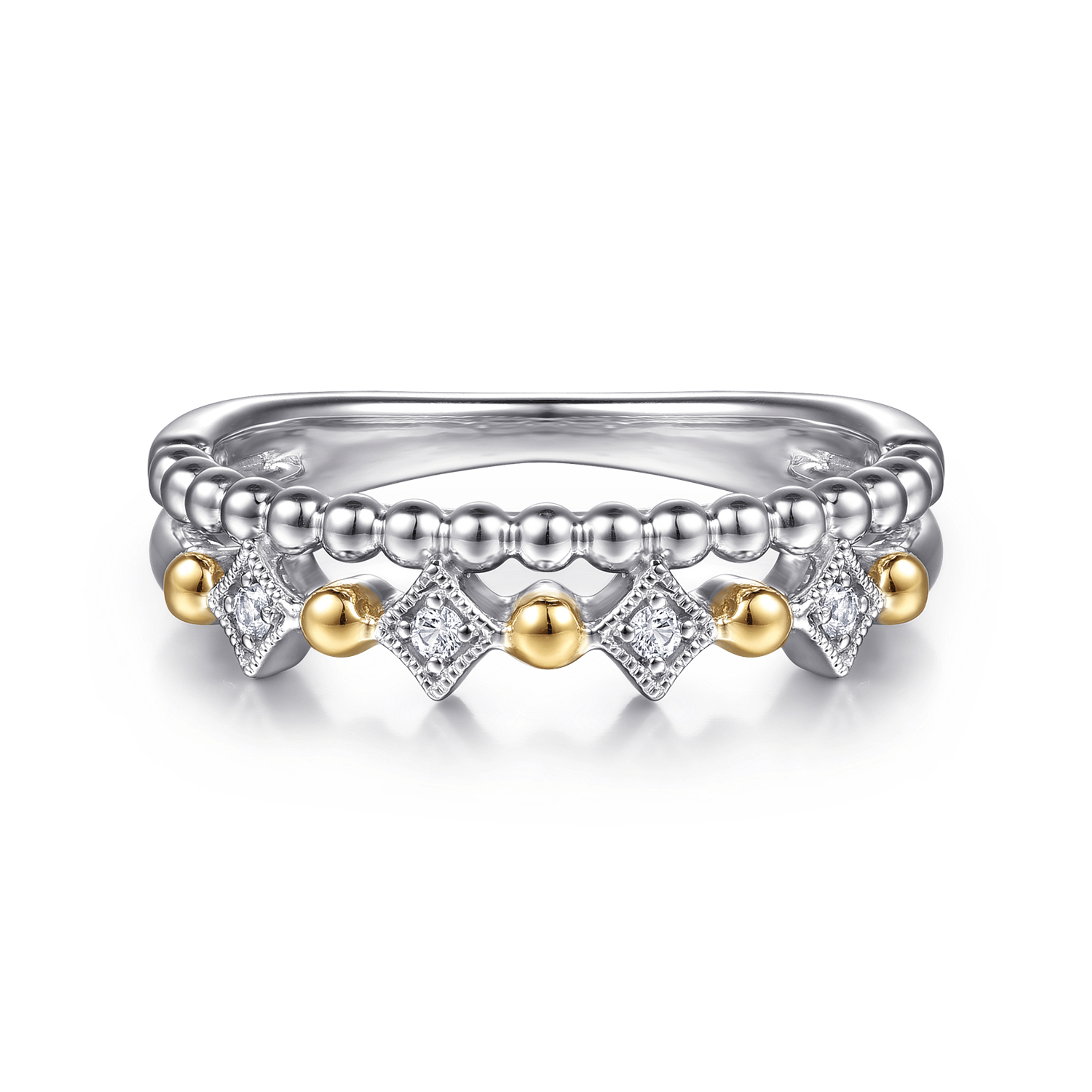 14K Yellow Gold and 925 Sterling Silver Bujukan Ball White Sapphire Easy Stackable Ring