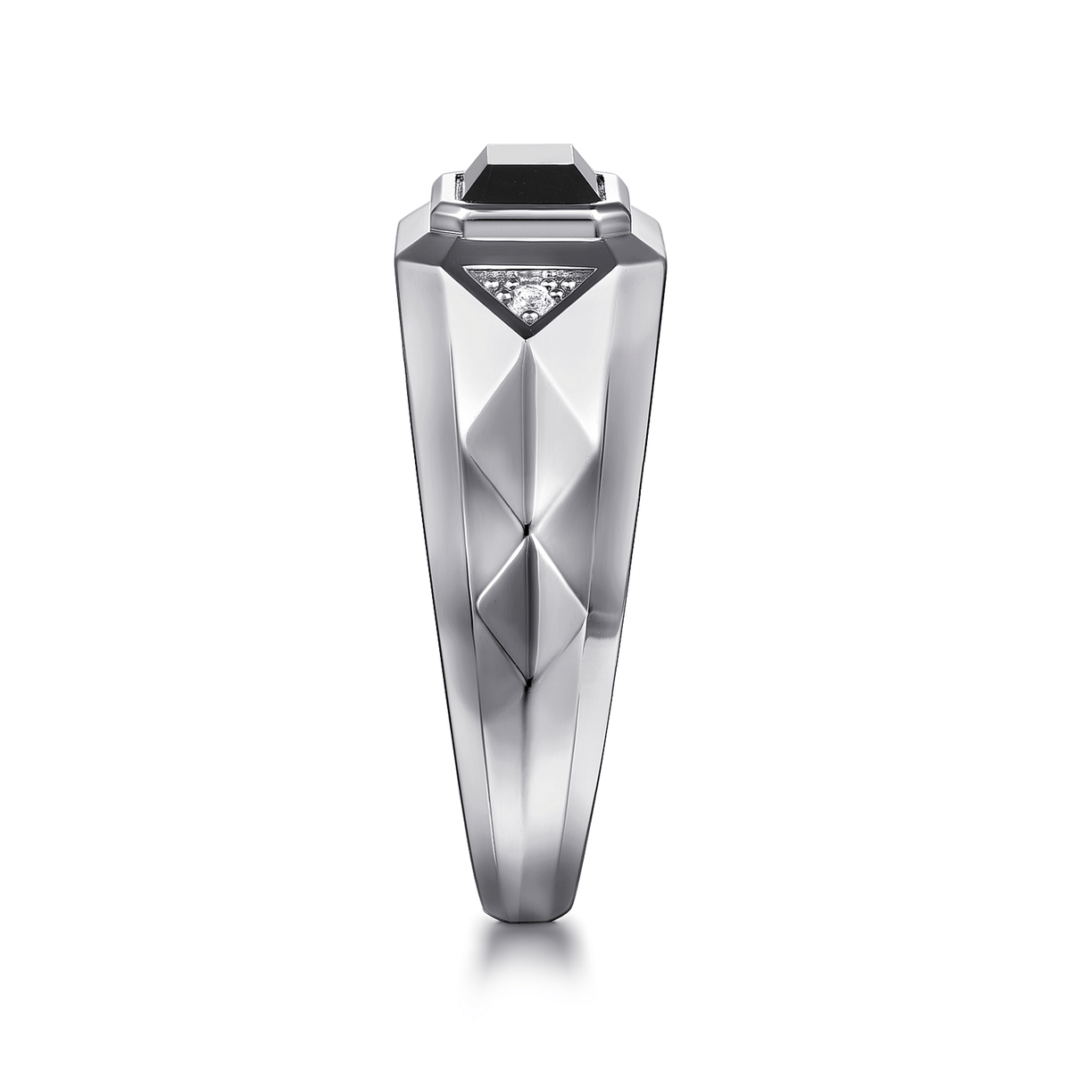 Wide 925 Sterling Silver Faceted Onyx and White Sapphire Mens Ring