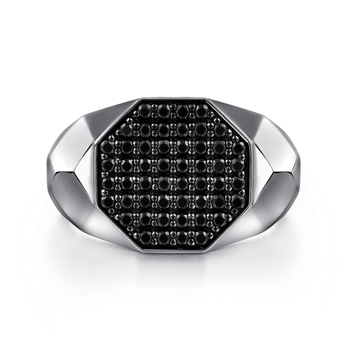 Wide 925 Sterling Silver Faceted Signet Ring with Black Spinel Pave