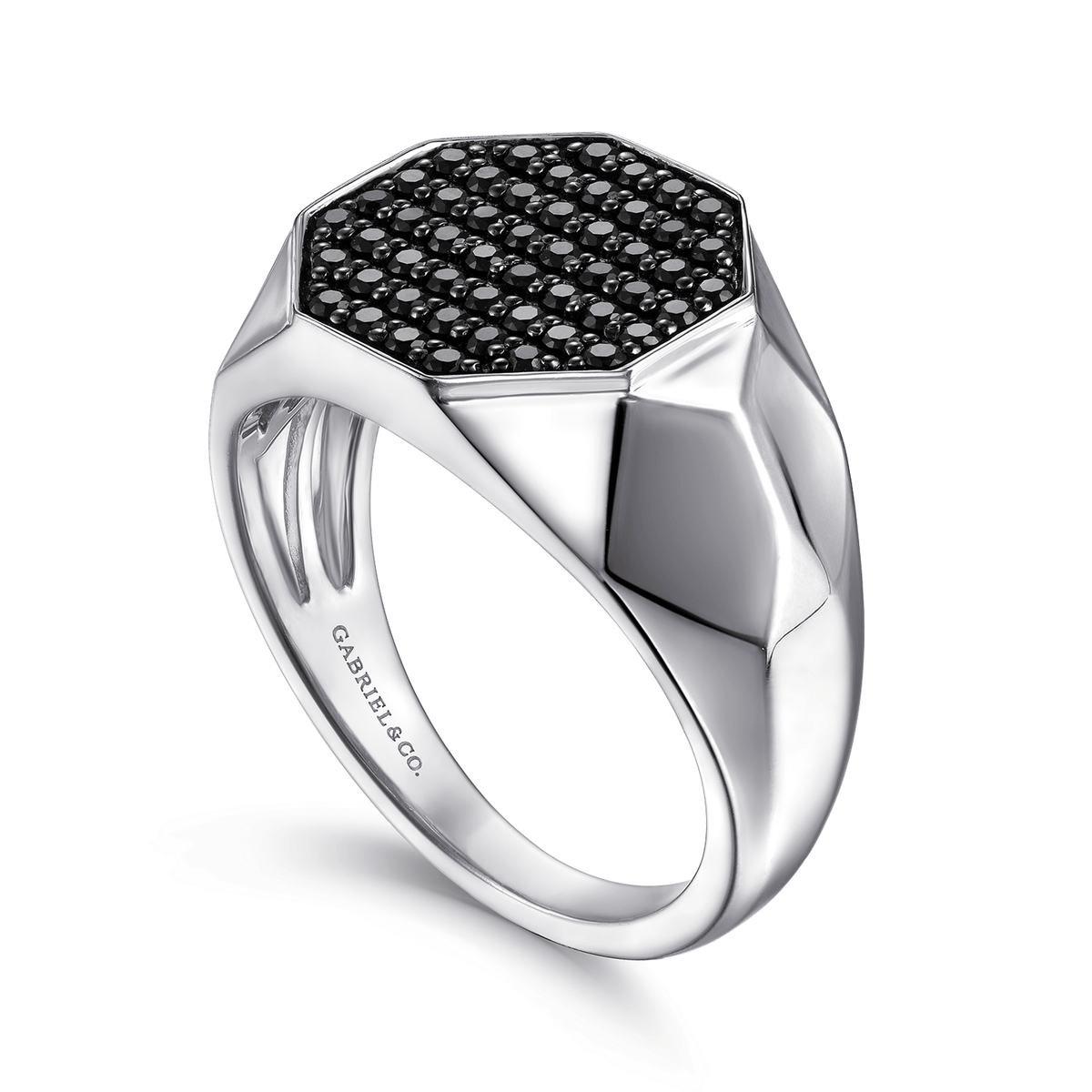 Wide 925 Sterling Silver Faceted Signet Ring with Black Spinel Pave