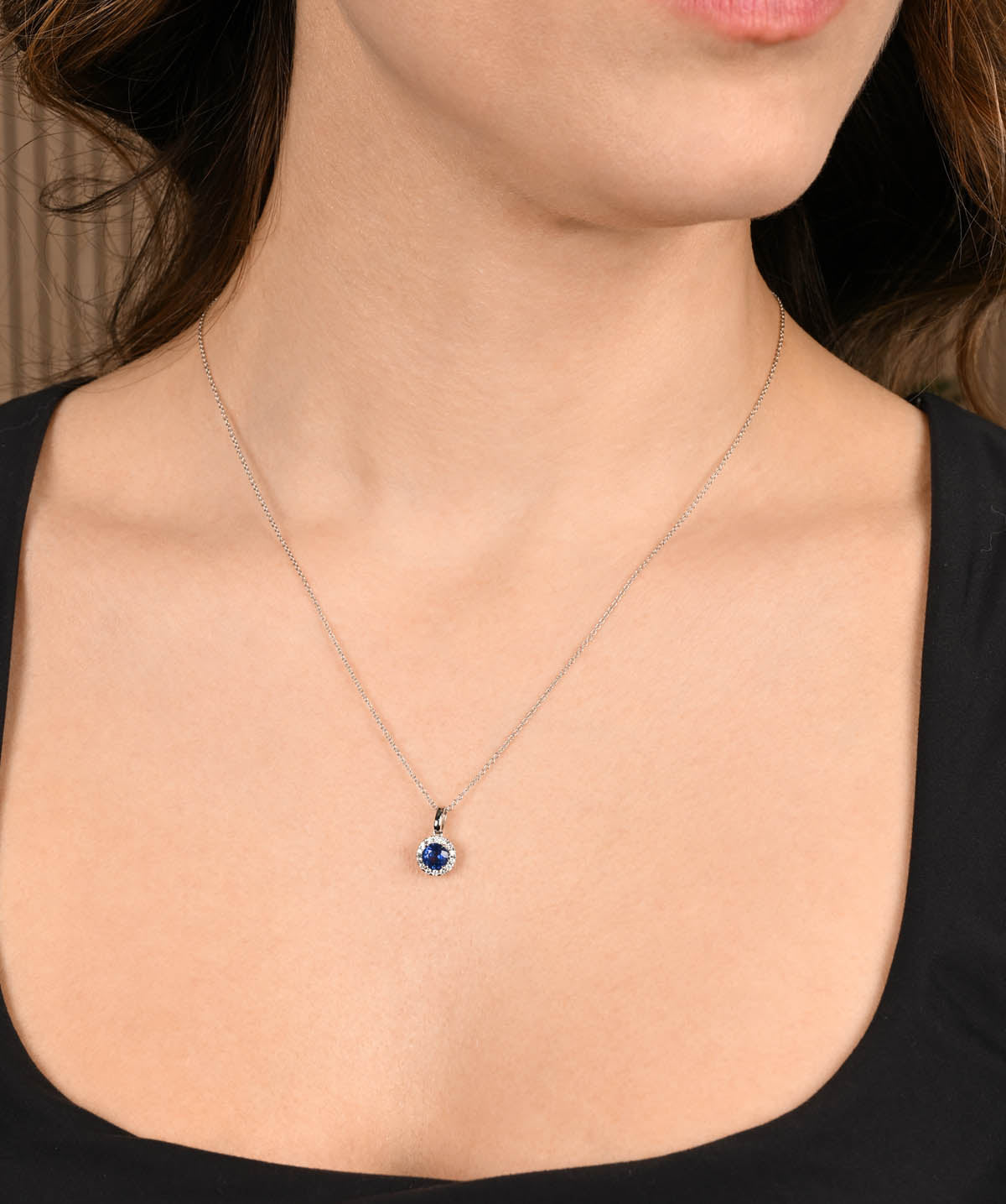 14K White Gold 0.74ct Sapphire and Diamond Halo Pendant Necklace