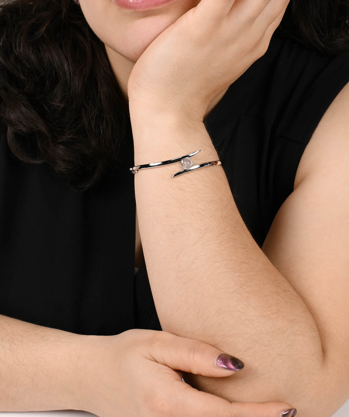 Sterling Silver and 6mm Moonstone Bypass Bangle Bracelet