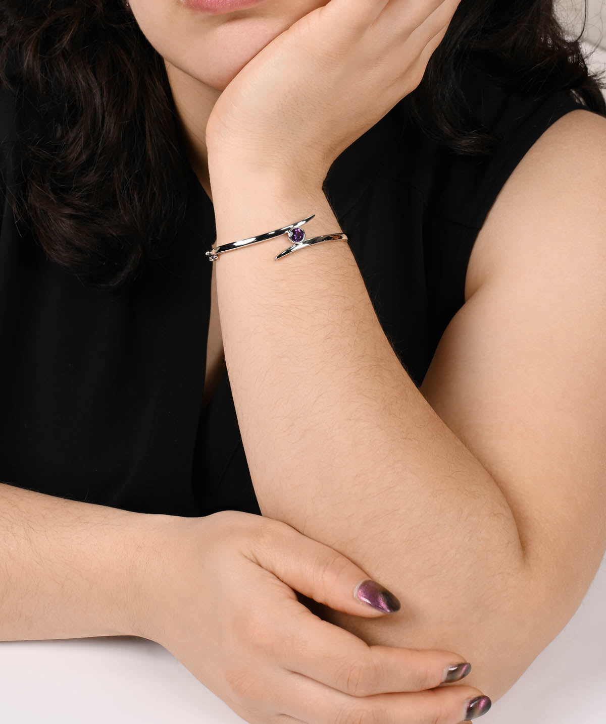 Sterling Silver and 6mm Amethyst Bypass Bangle Bracelet