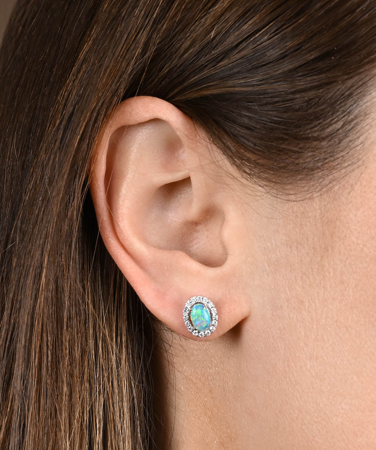 14K White Gold 0.91ct Opal & Diamond Halo Stud Earrings