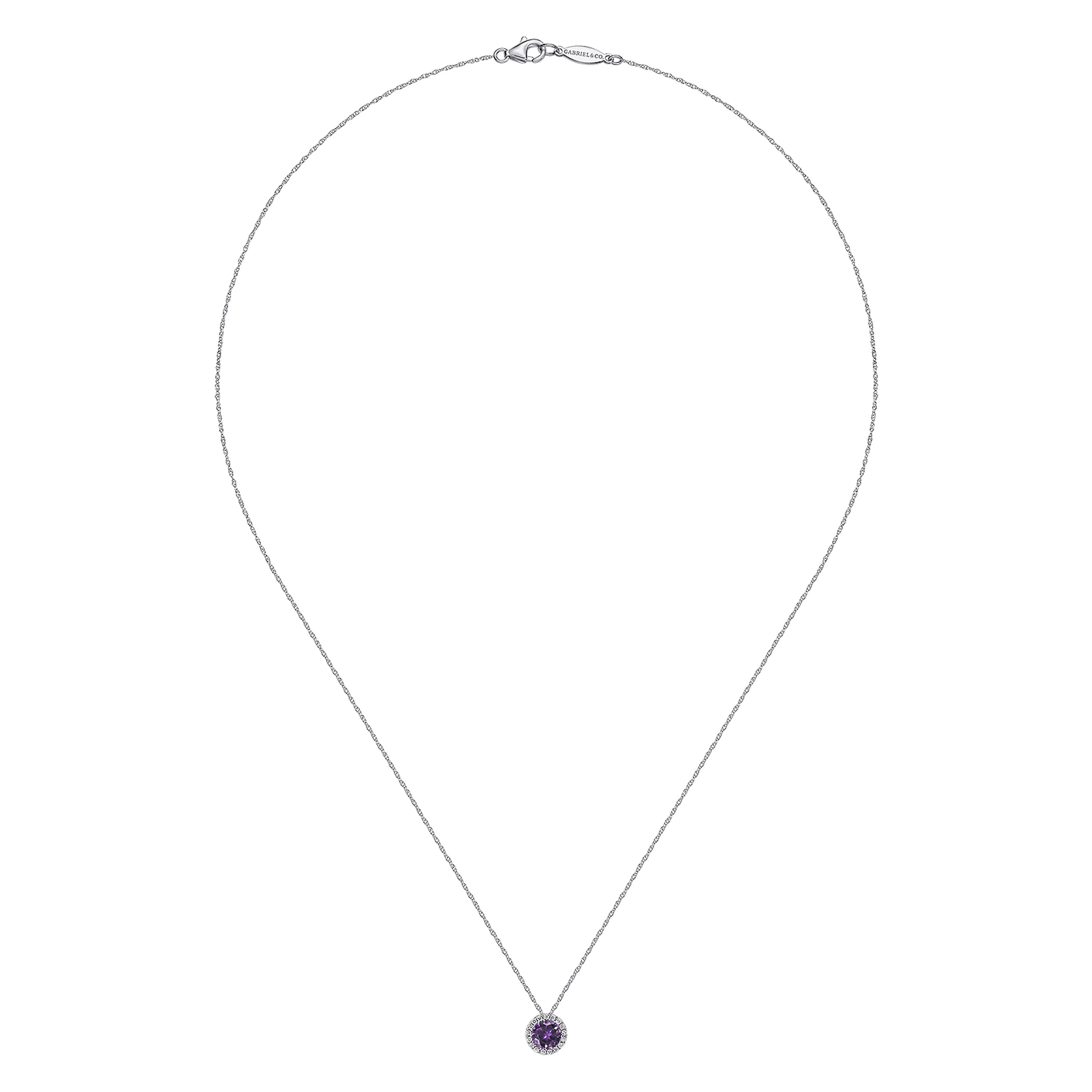 14K White Gold Amethyst and Diamond Halo Pendant Necklace