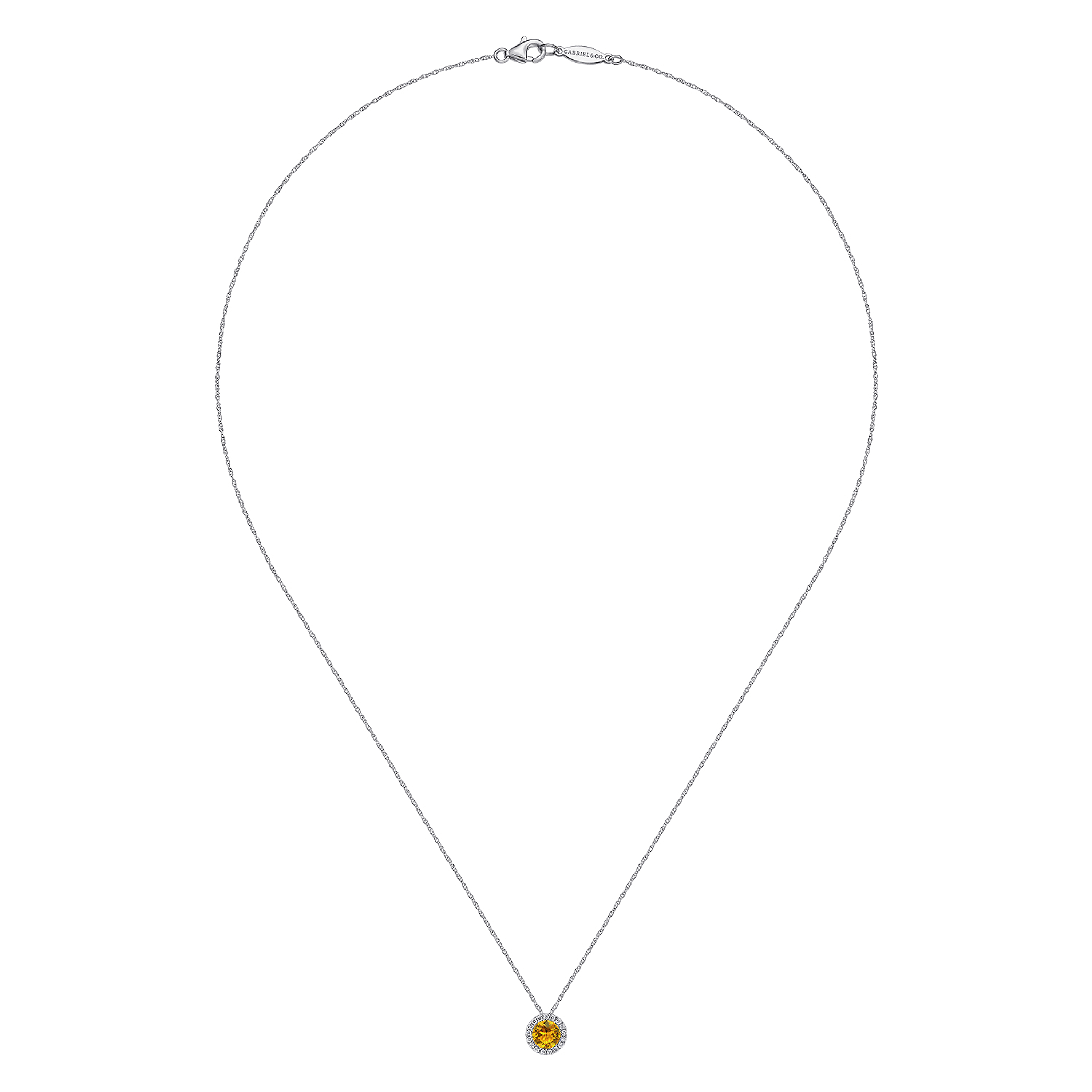 14K White Gold Round Citrine and Diamond Halo Pendant Necklace