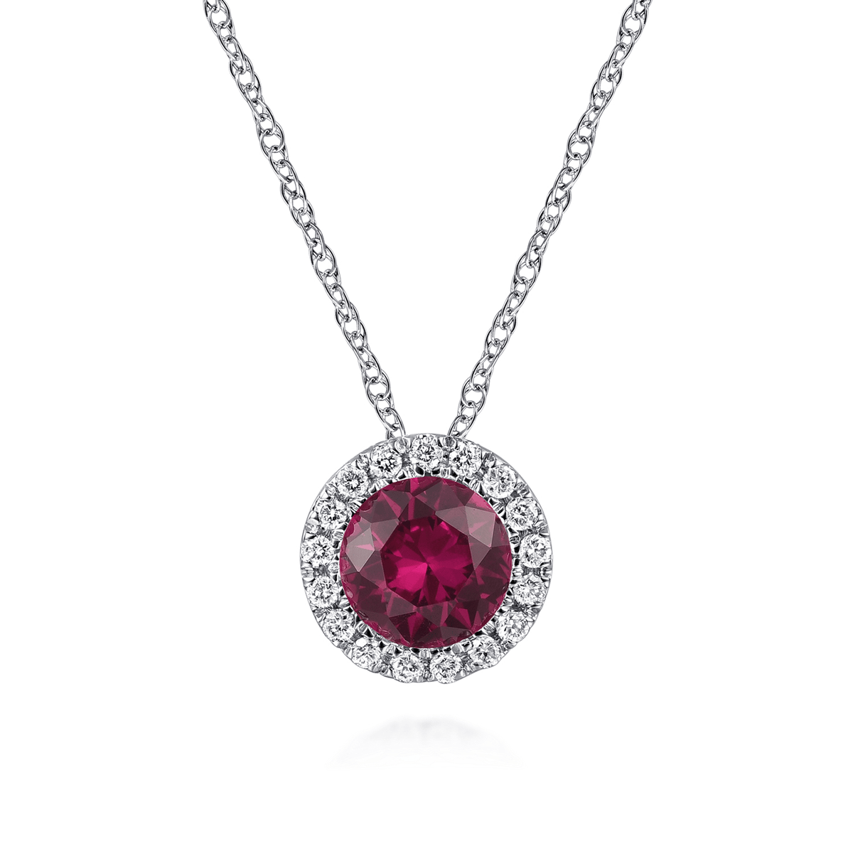 14K White Gold Ruby and Diamond Halo Pendant Necklace
