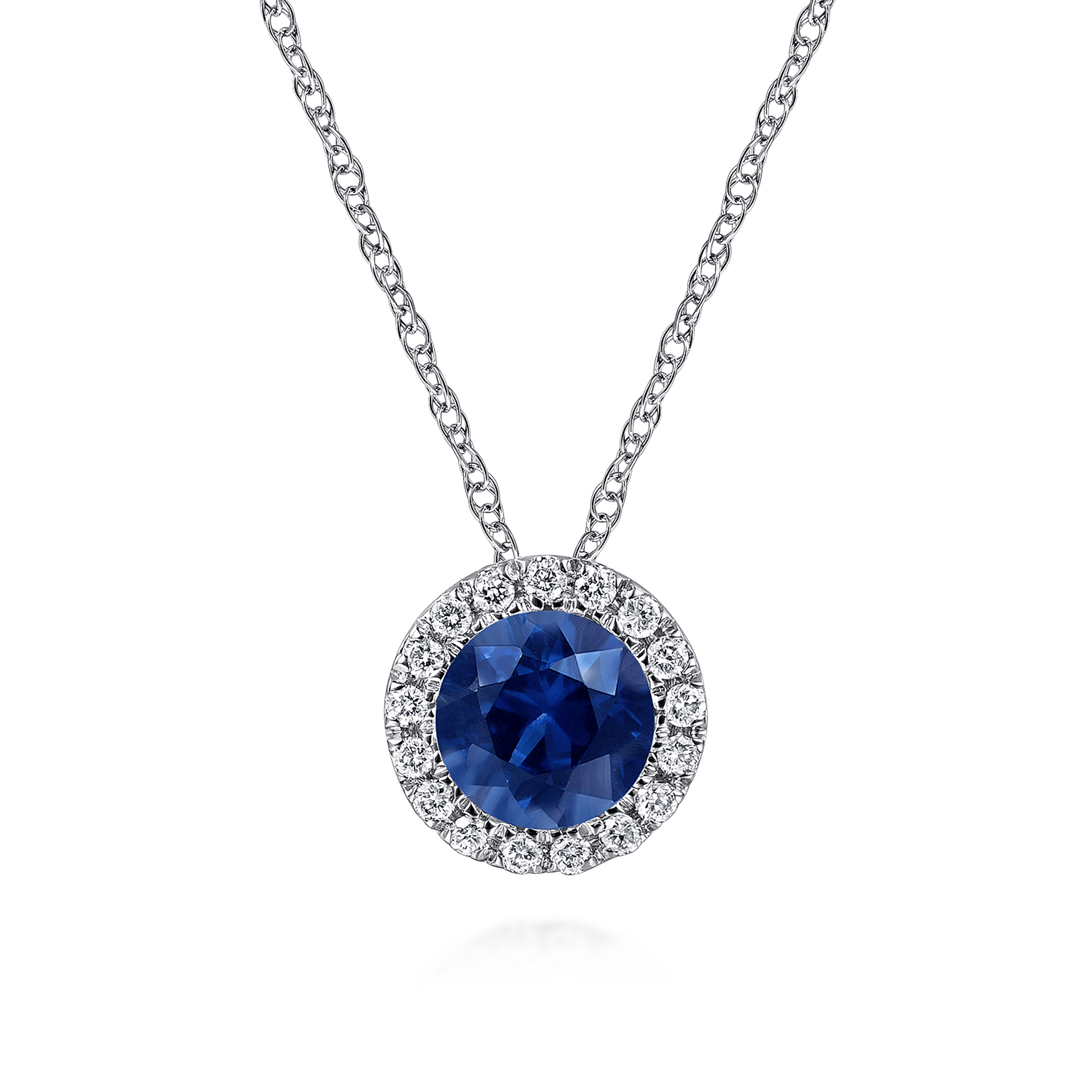 14K White Gold Sapphire and Diamond Halo Pendant Necklace