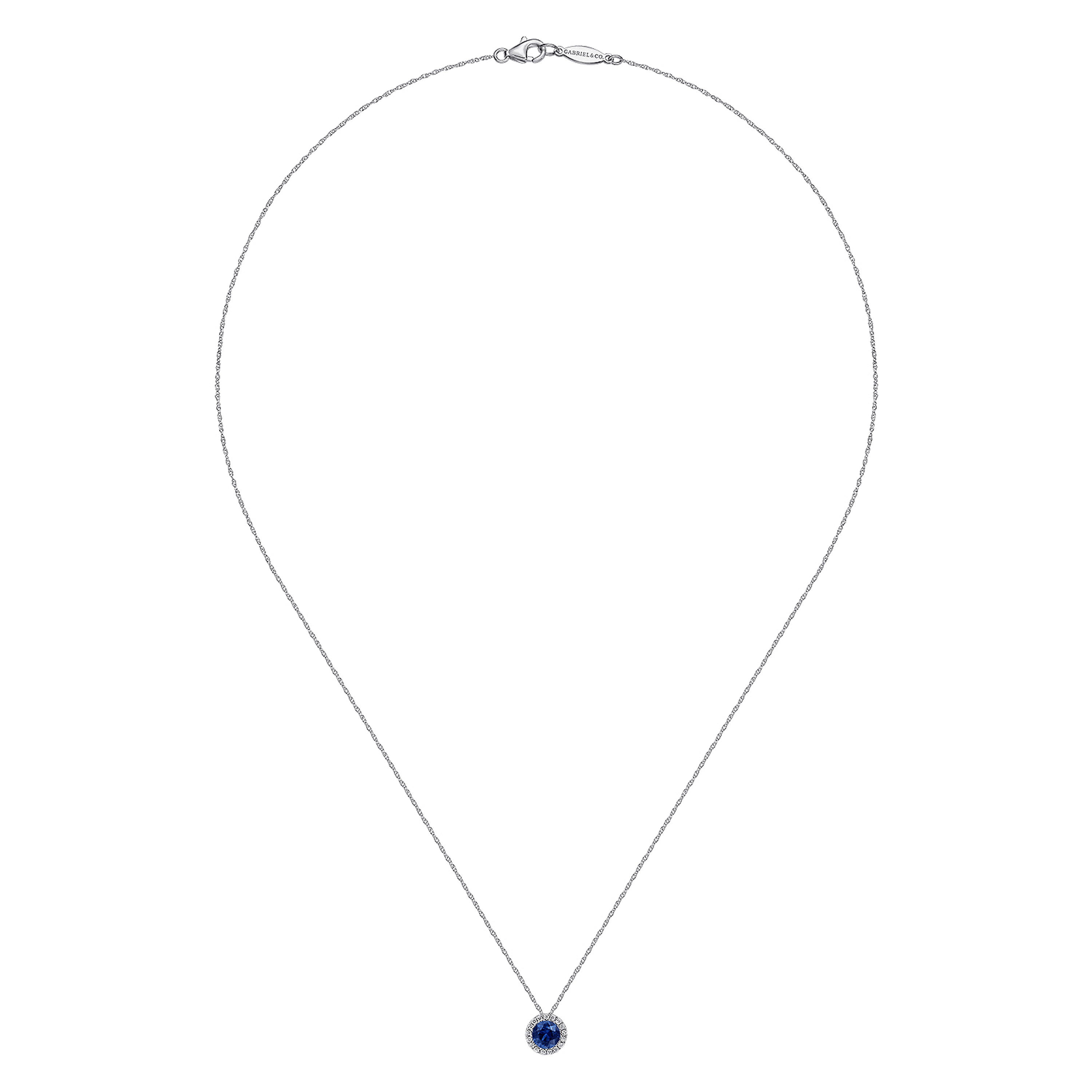 14K White Gold Sapphire and Diamond Halo Pendant Necklace
