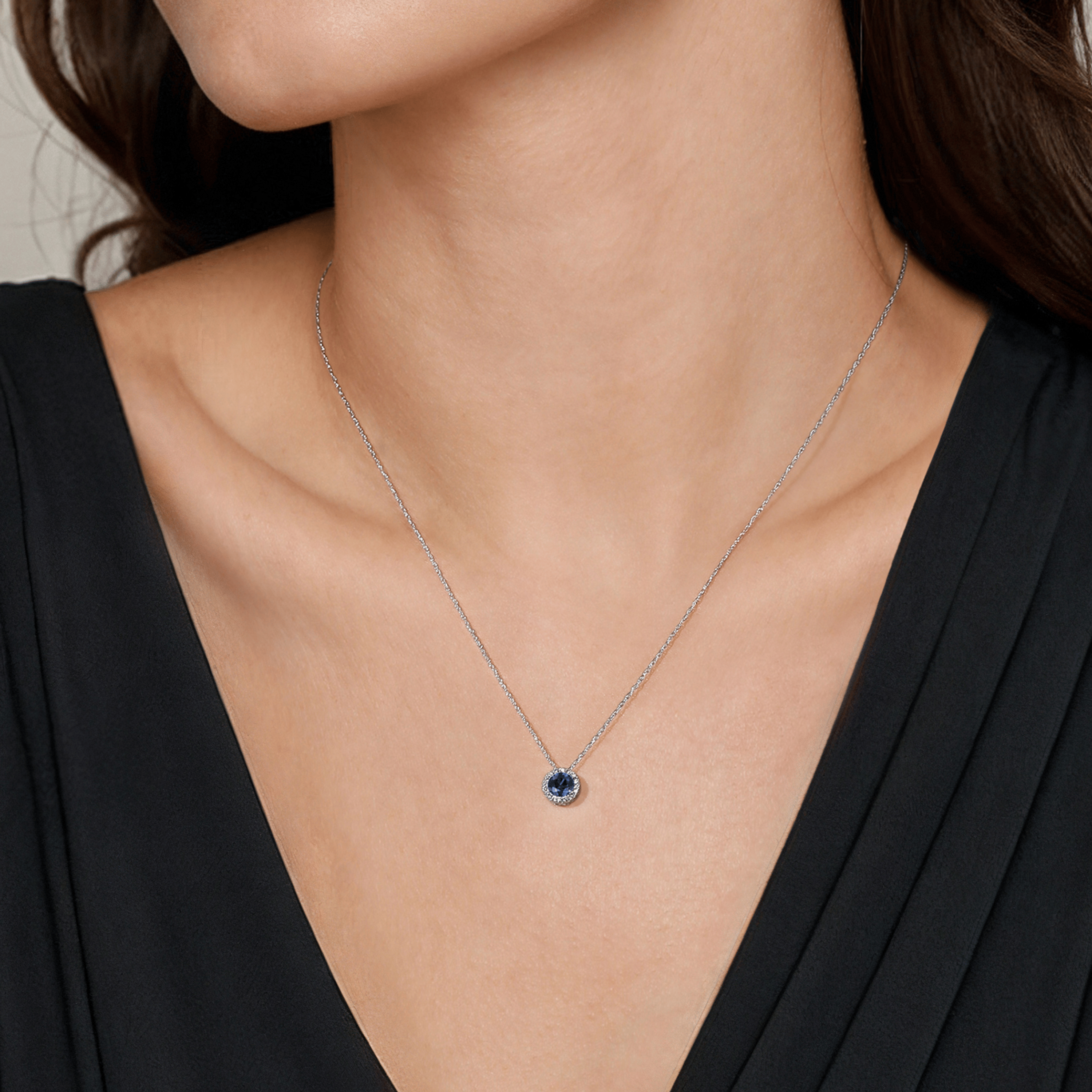 14K White Gold Sapphire and Diamond Halo Pendant Necklace