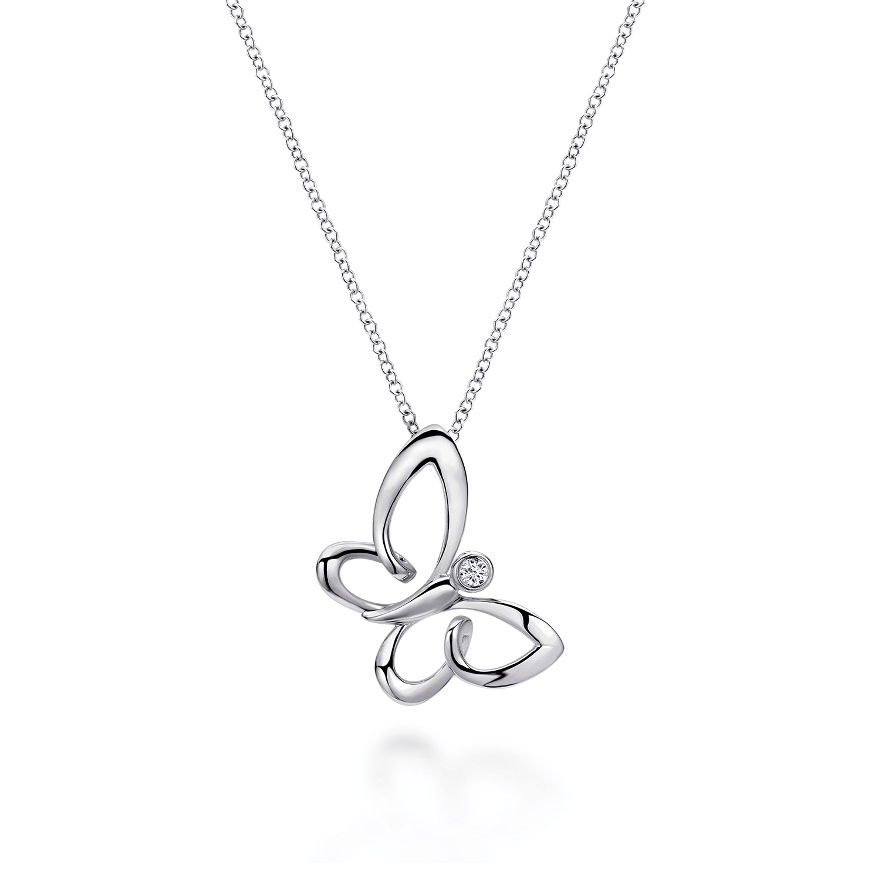 925 Sterling Silver White Sapphire Sideways Butterfly Pendant Necklace