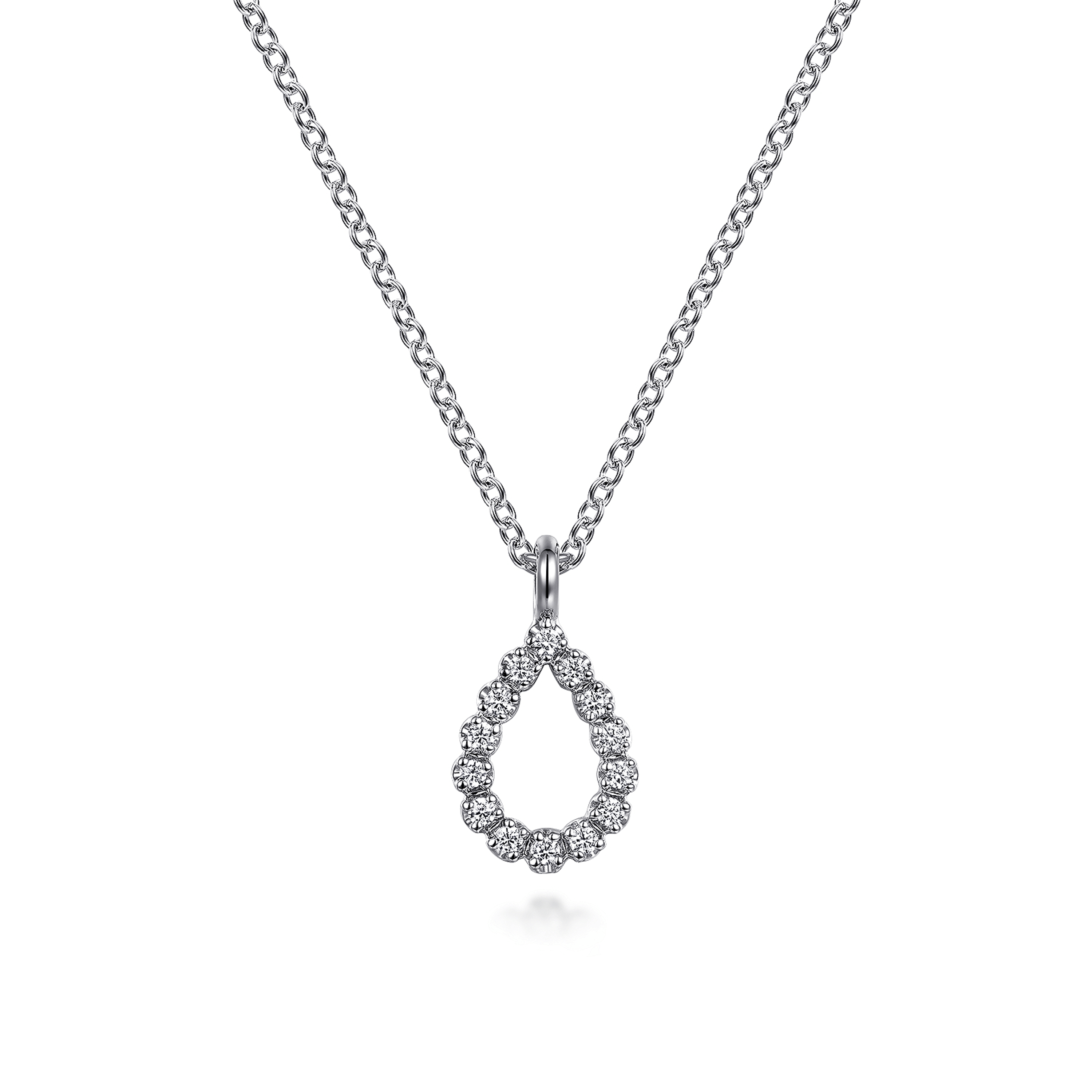14K White Gold Butter Cup Diamond Teardrop Pendant Necklace