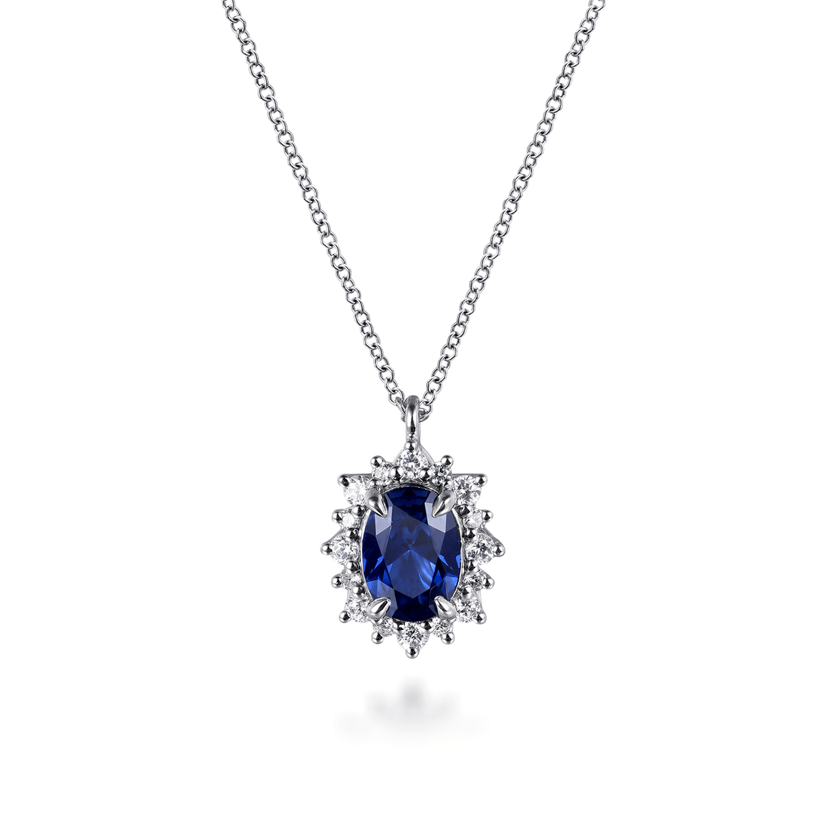 14K White Gold Diamond Halo and Oval Sapphire Classic Pendant Necklace