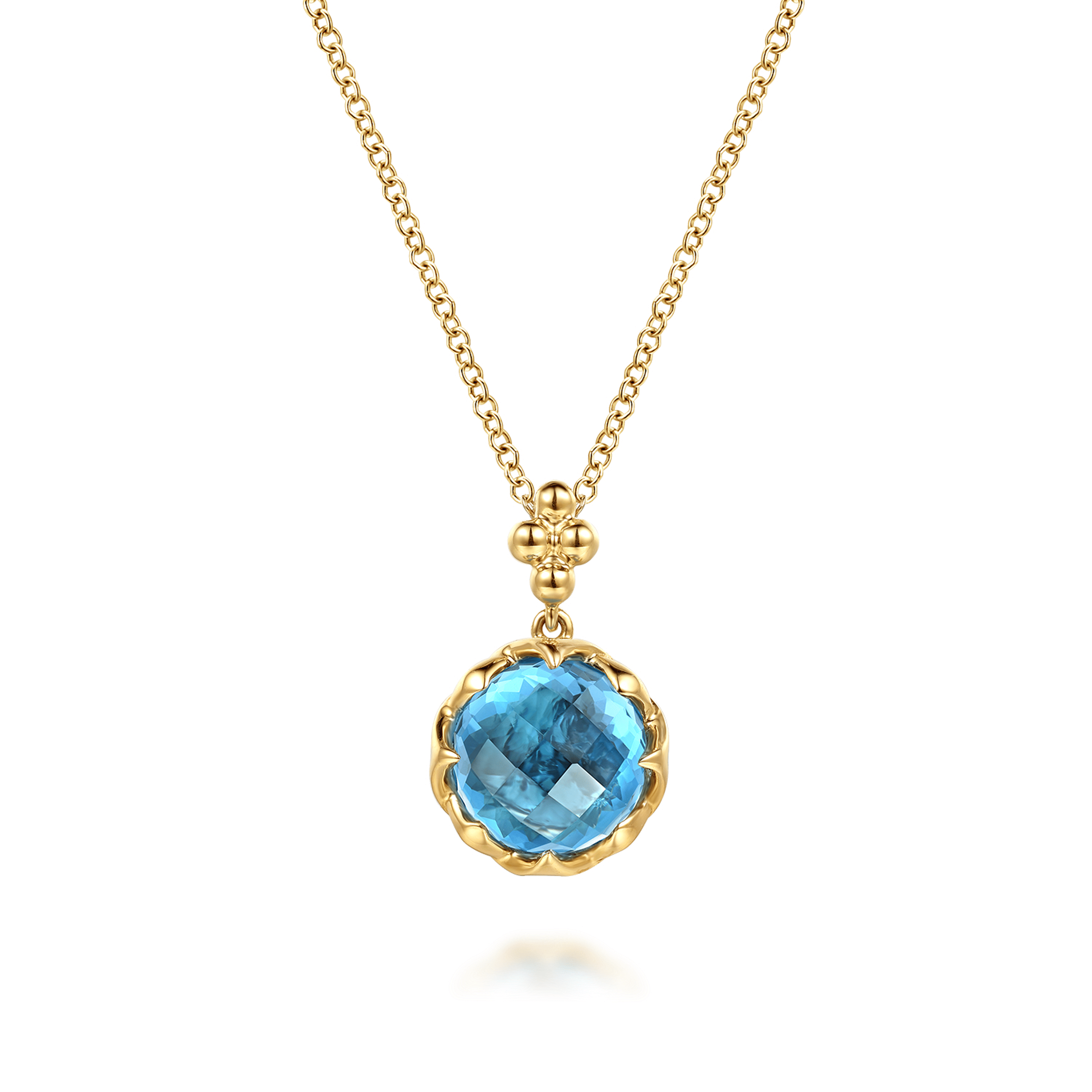 14K Yellow Gold Bujukan Blue Topaz Clover Pendant Necklace with Dusk Blue Enamel