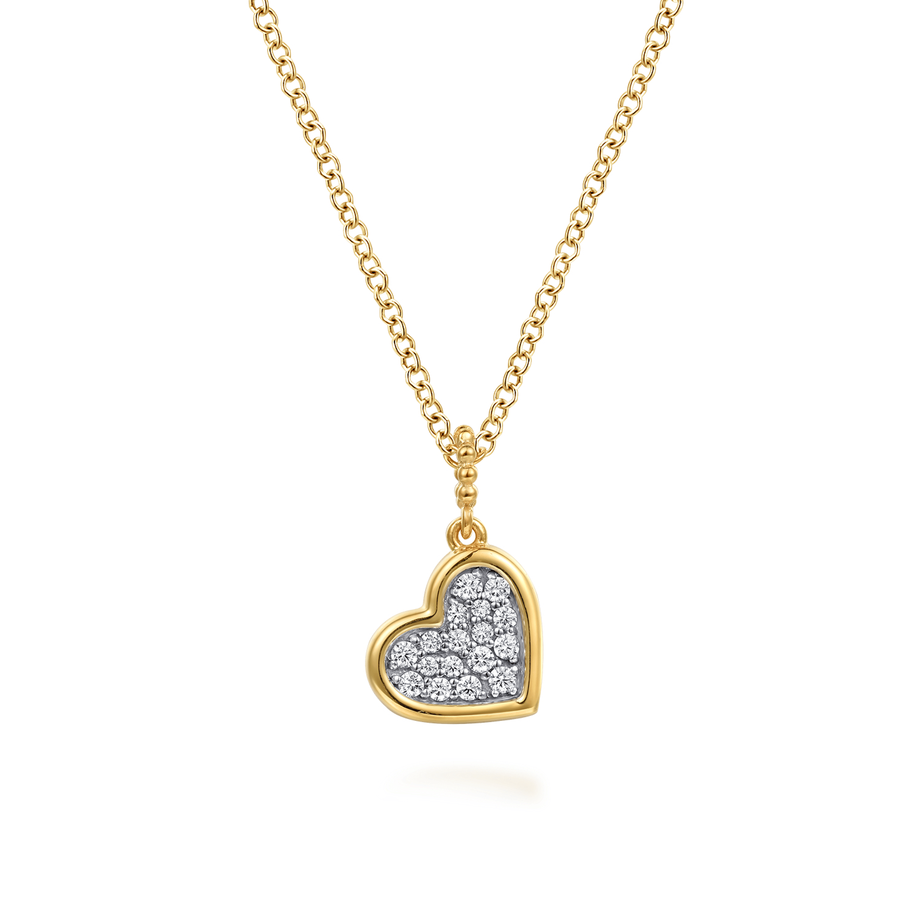 14K White Yellow Gold Bujukan and Diamond Pave Heart Pendant Necklace