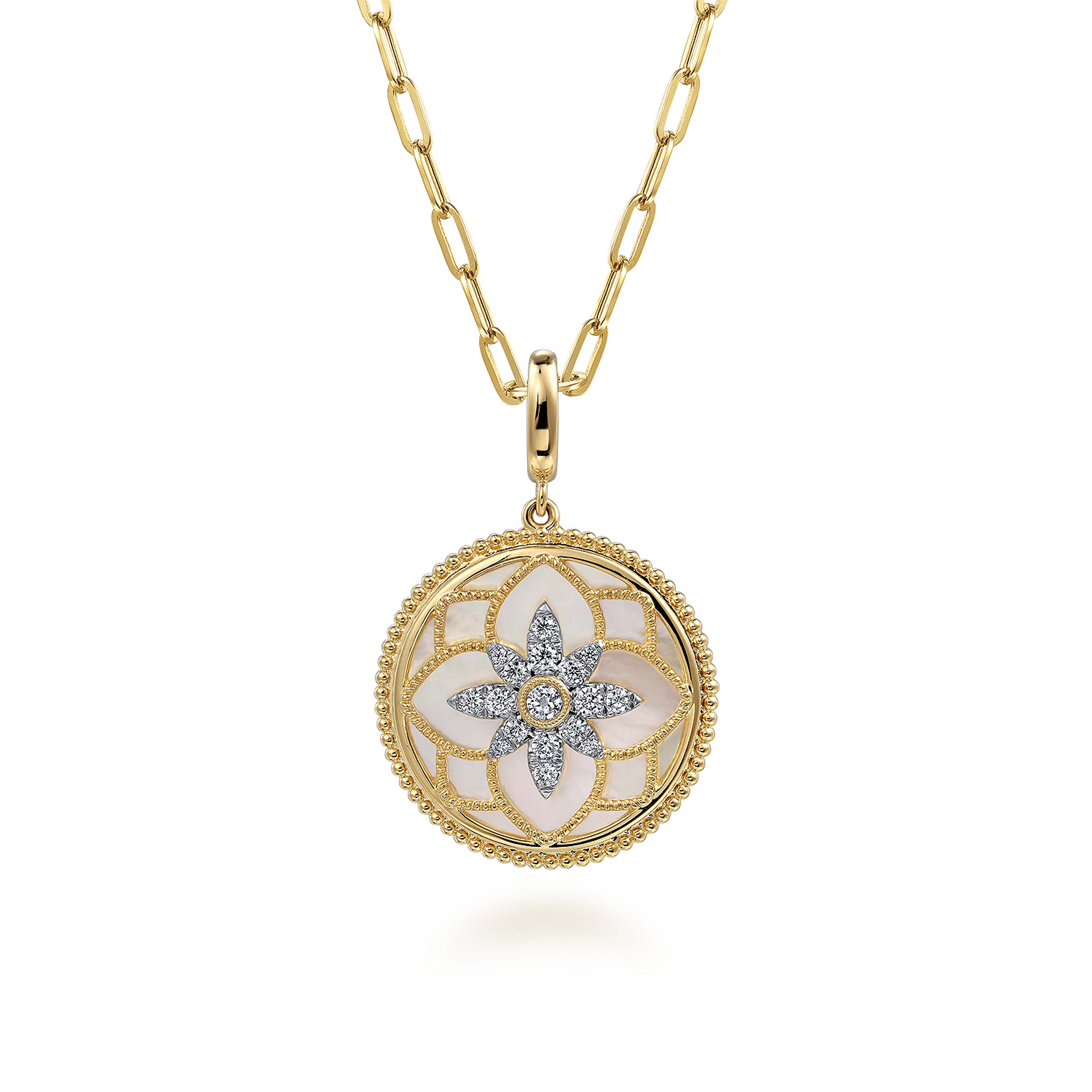 14K Yellow Gold Bujukan Diamond and Mother of Pearl Medallion Pendant