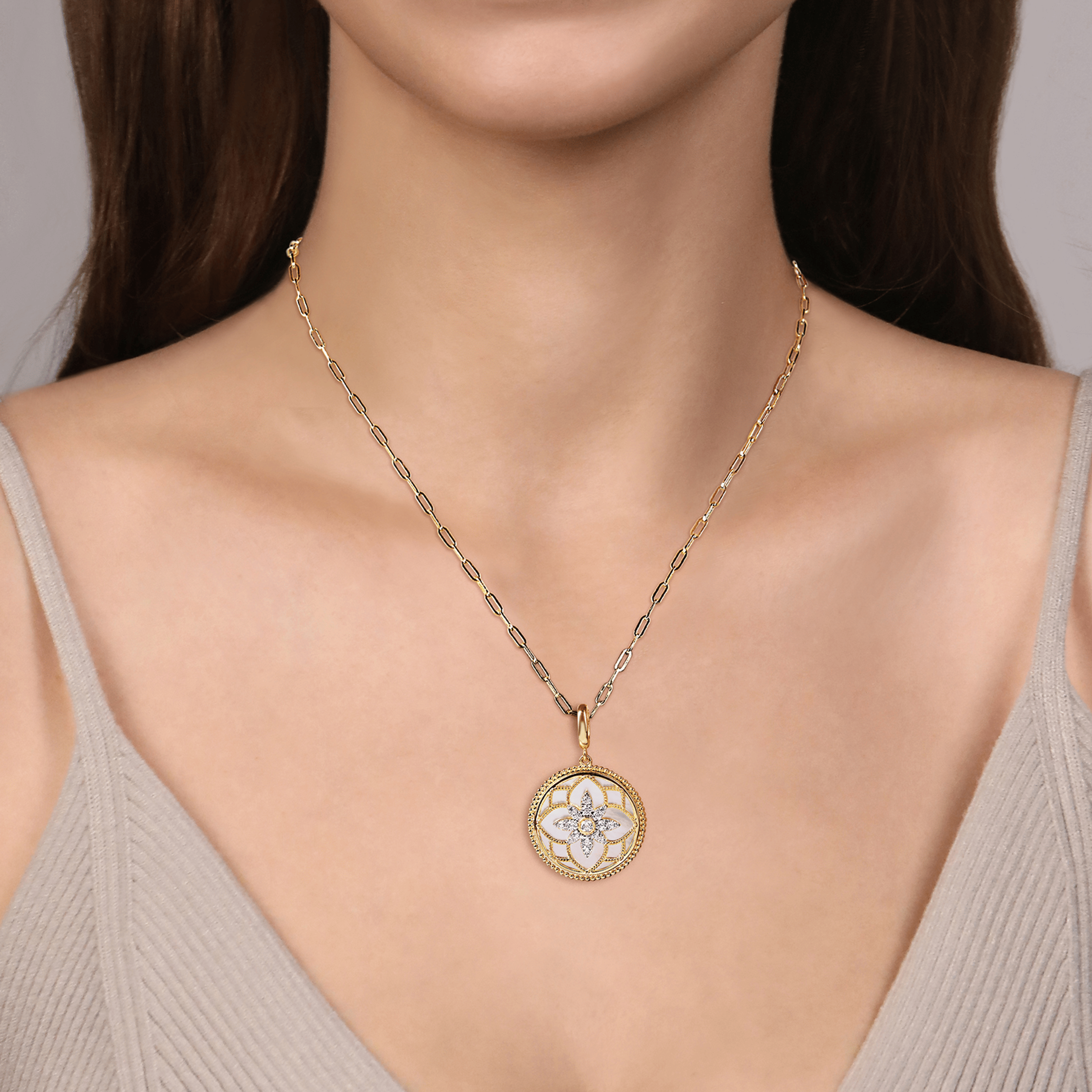 14K Yellow Gold Bujukan Diamond and Mother of Pearl Medallion Pendant