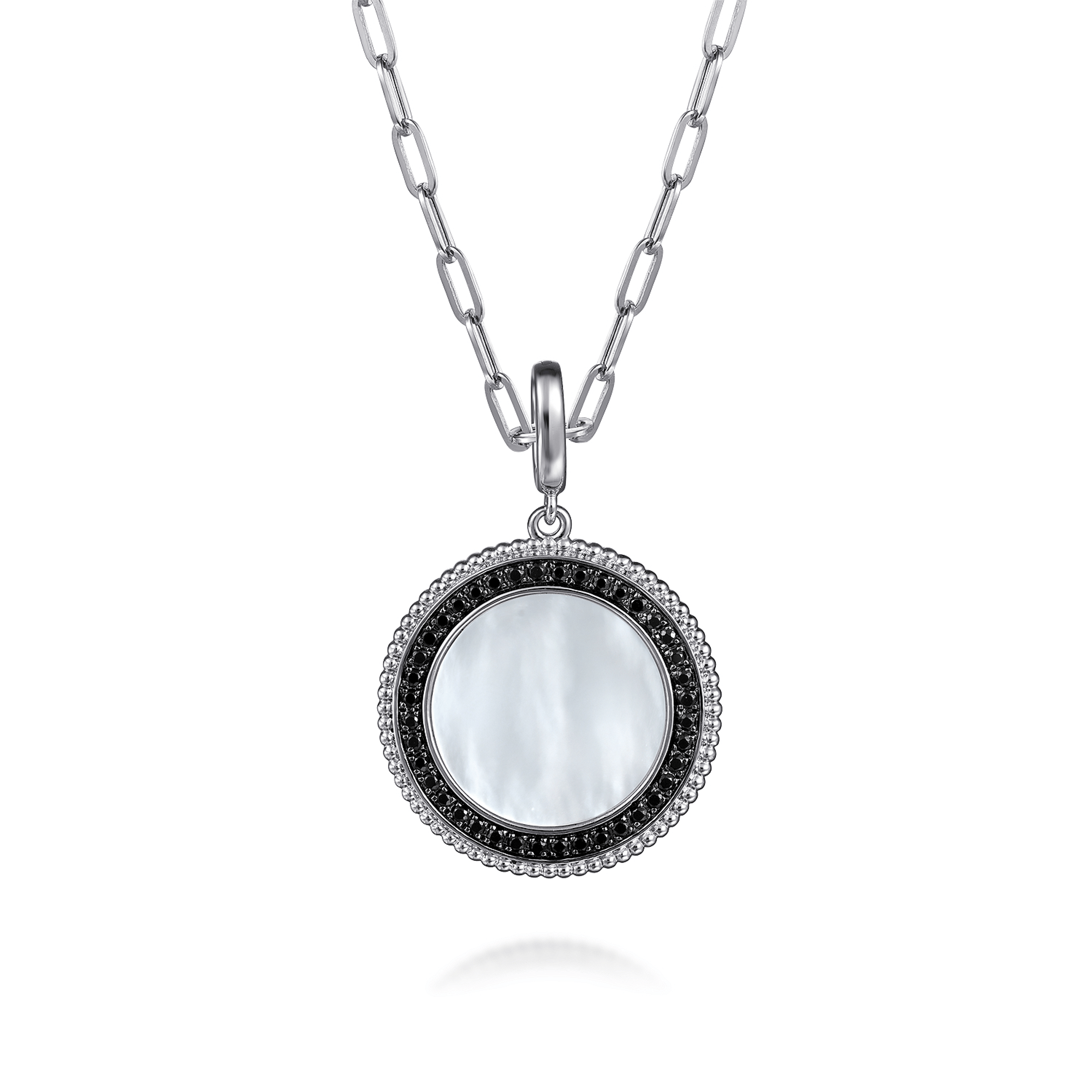 925 Sterling Silver White Mother Pearl and Black Spinel Bujukan Medallion Pendant
