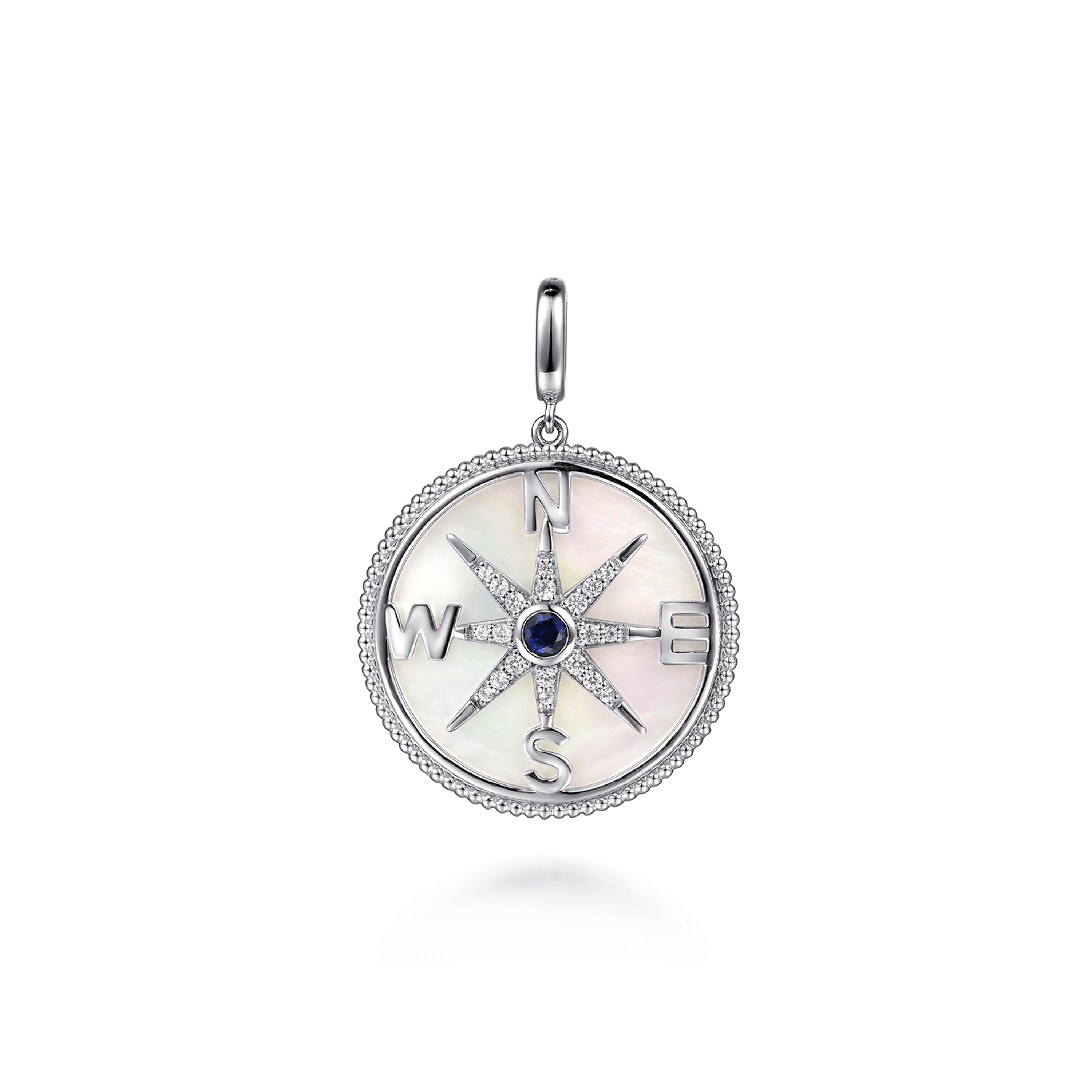 925 Sterling Silver White Sapphire Compass Mother of Pearl Medallion Pendant