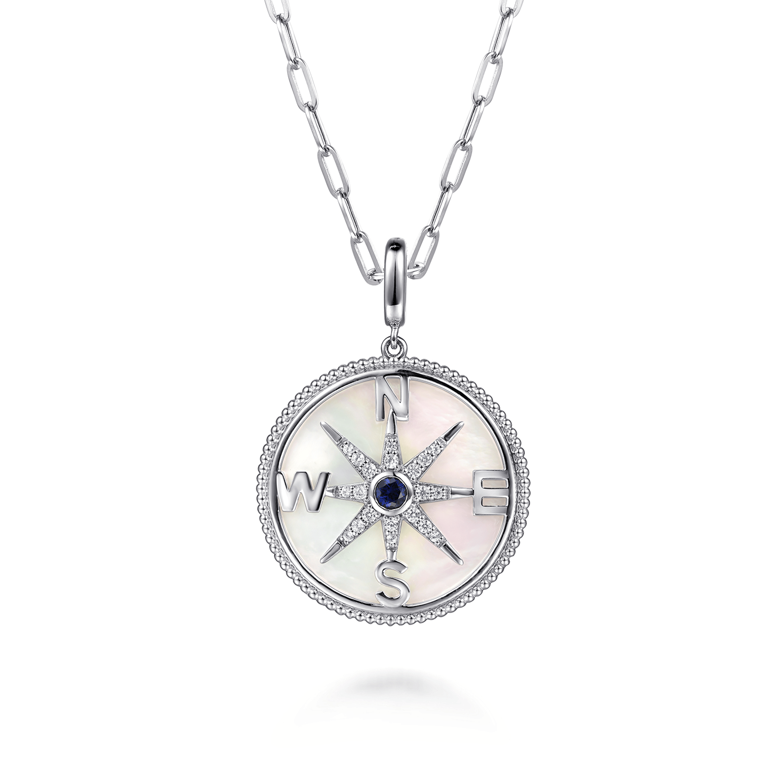925 Sterling Silver White Sapphire Compass Mother of Pearl Medallion Pendant