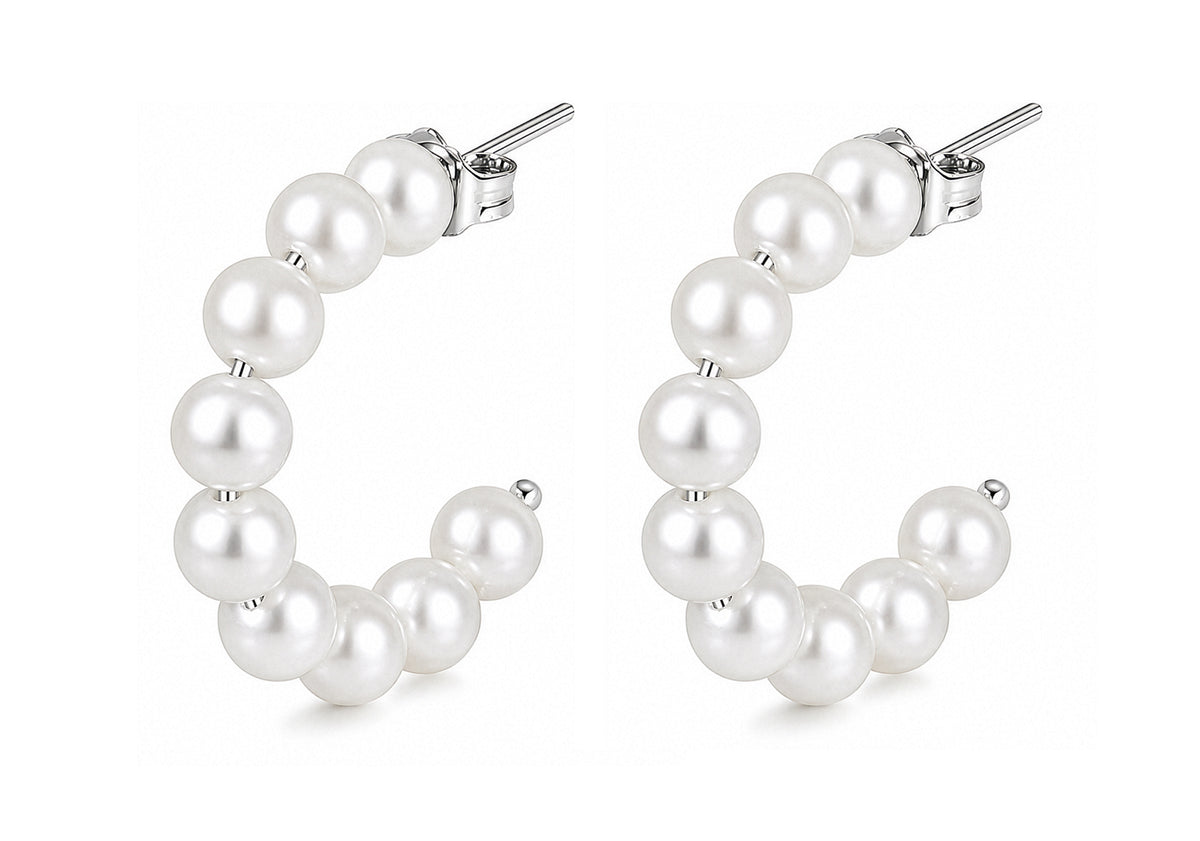Sterling Silver Rhodium Plated Freshwater Cultured Pearl Half Hoop Earrings