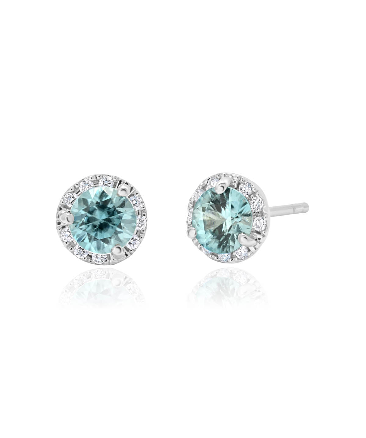 14K White Gold 5mm Blue Zircon and Diamond Halo Stud Earrings