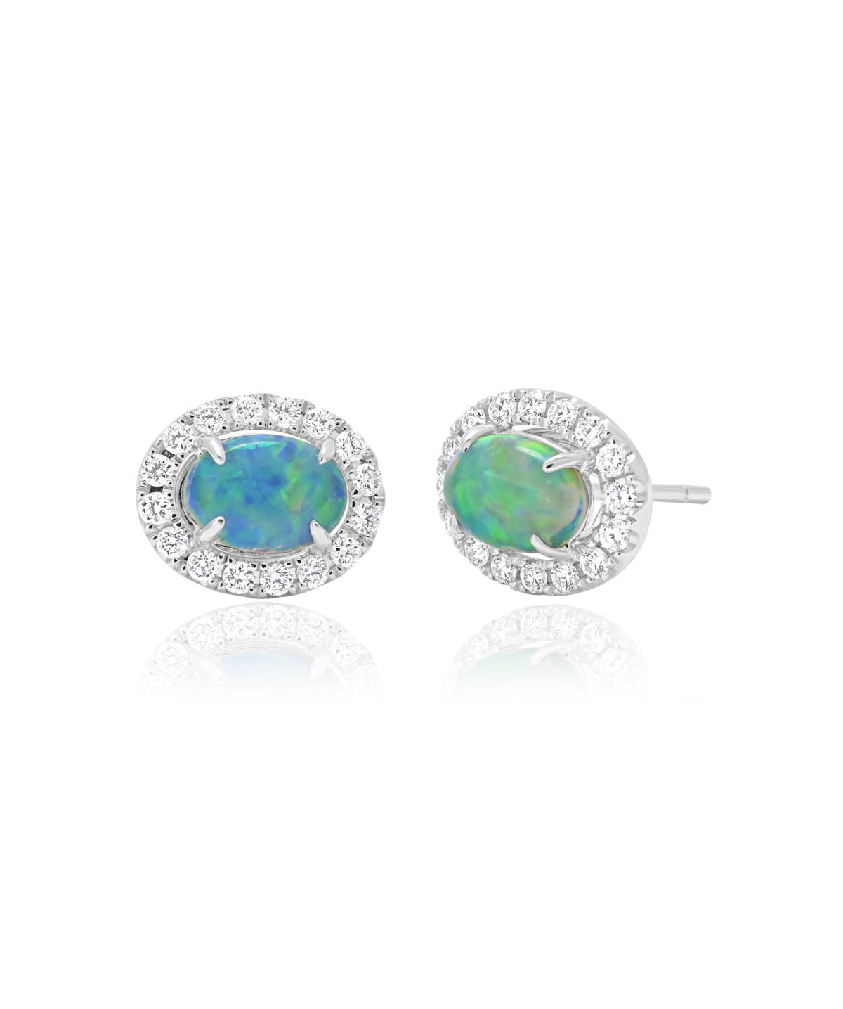 14K White Gold 0.91ct Opal & Diamond Halo Stud Earrings