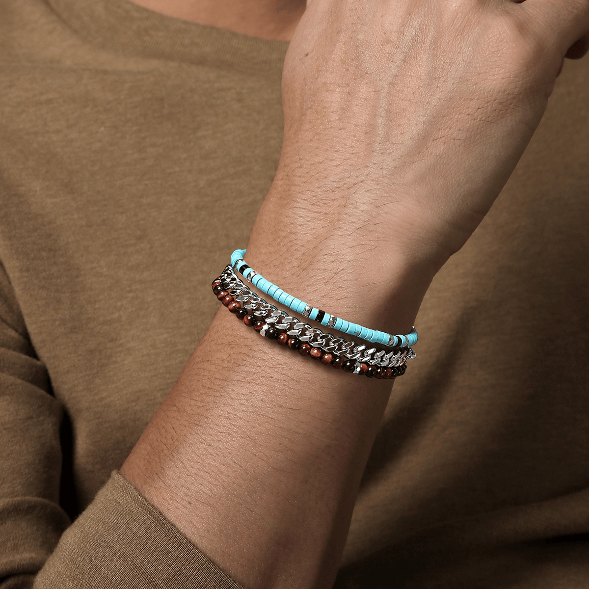 Beaded Wrap Bracelet and Necklace 925 Sterling Silver Turquoise Onyx and Tiger Eye
