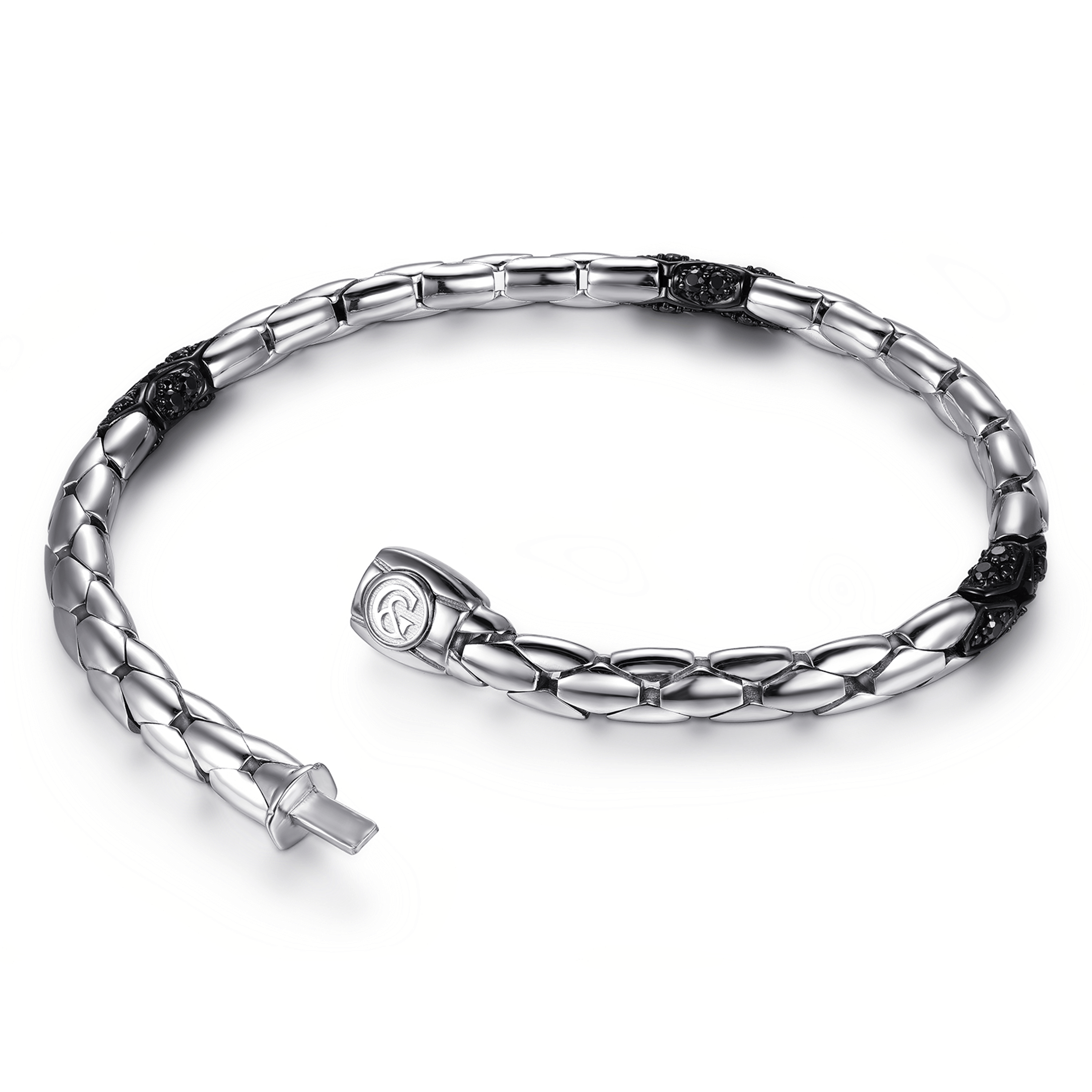925 Sterling Silver Black Spinel Tubular Men's Hollow Chain Bracelet