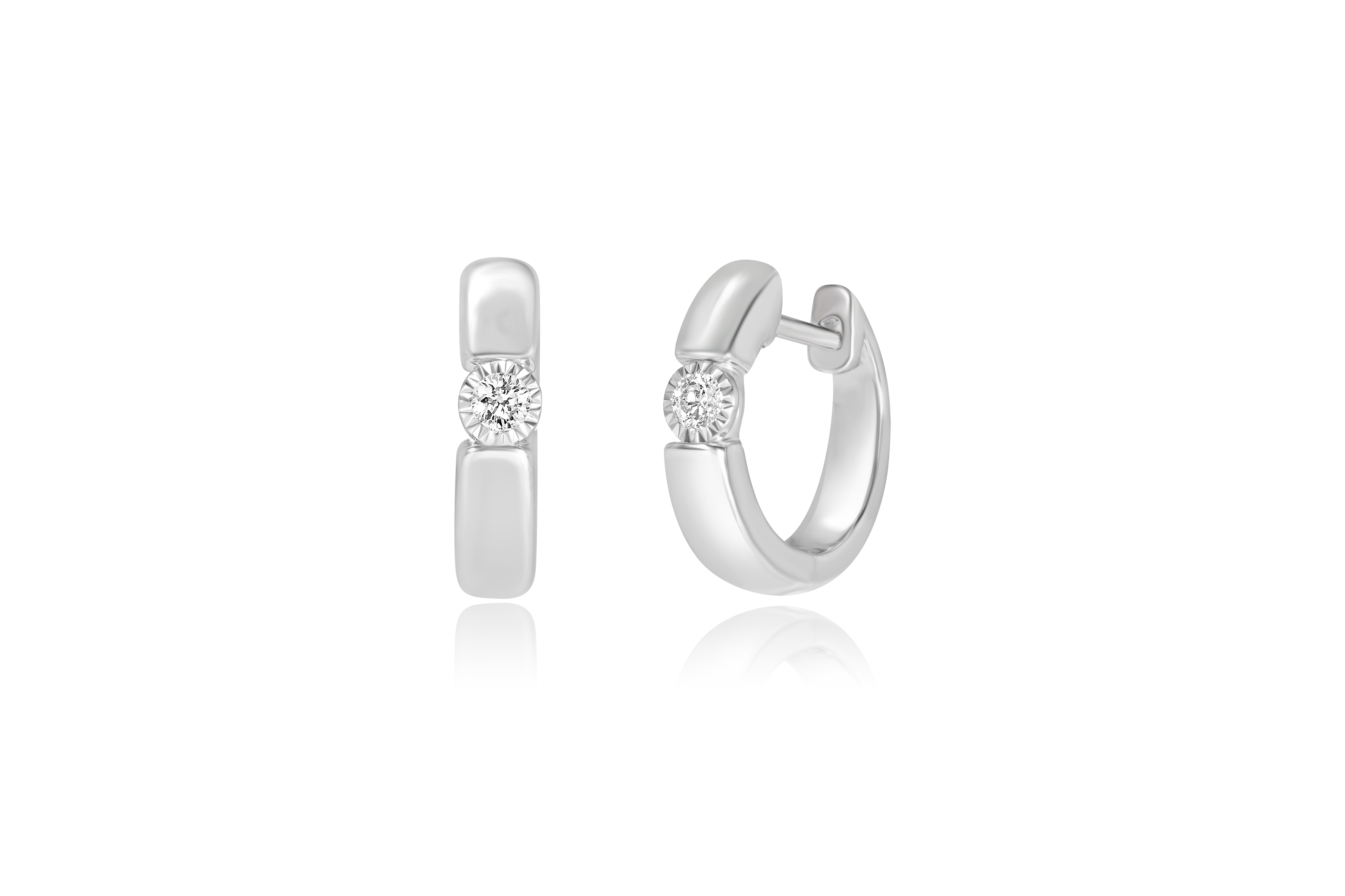 Sterling Silver Fluted Bezel Set Diamond Accented Huggie Earrings
