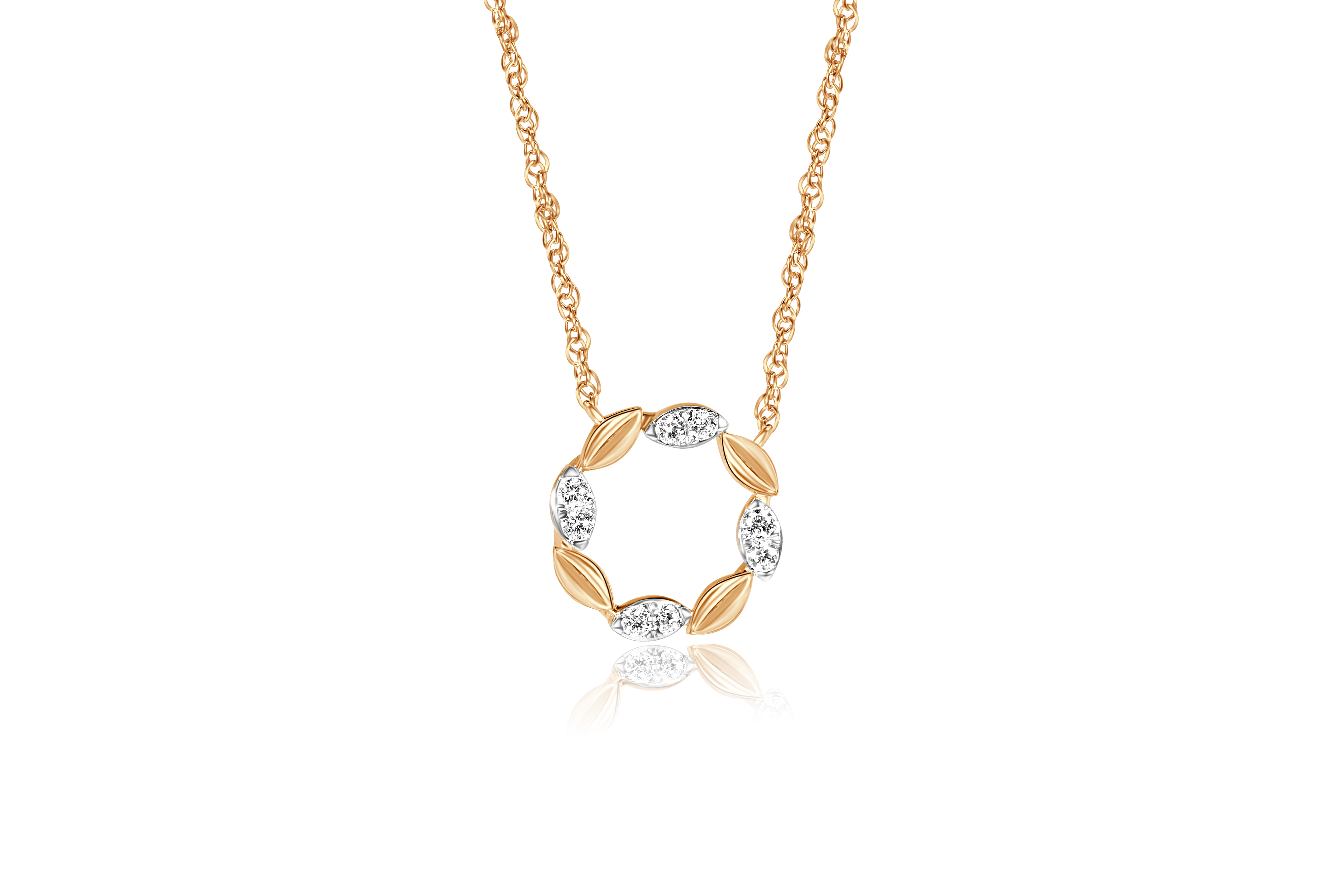 14K Yellow Gold Adjustable Necklace with leaves and Diamond Accents