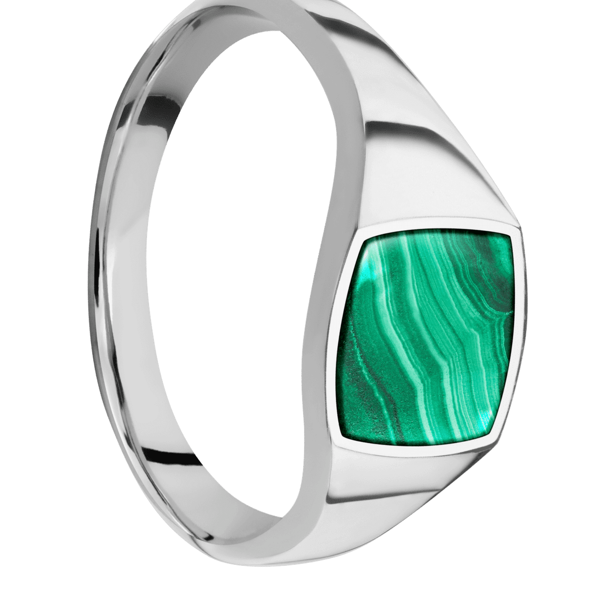 Small Cushion signet ring (10x10mm) in Palladium Silver, with a Thin style band, a Malachite inlay.
