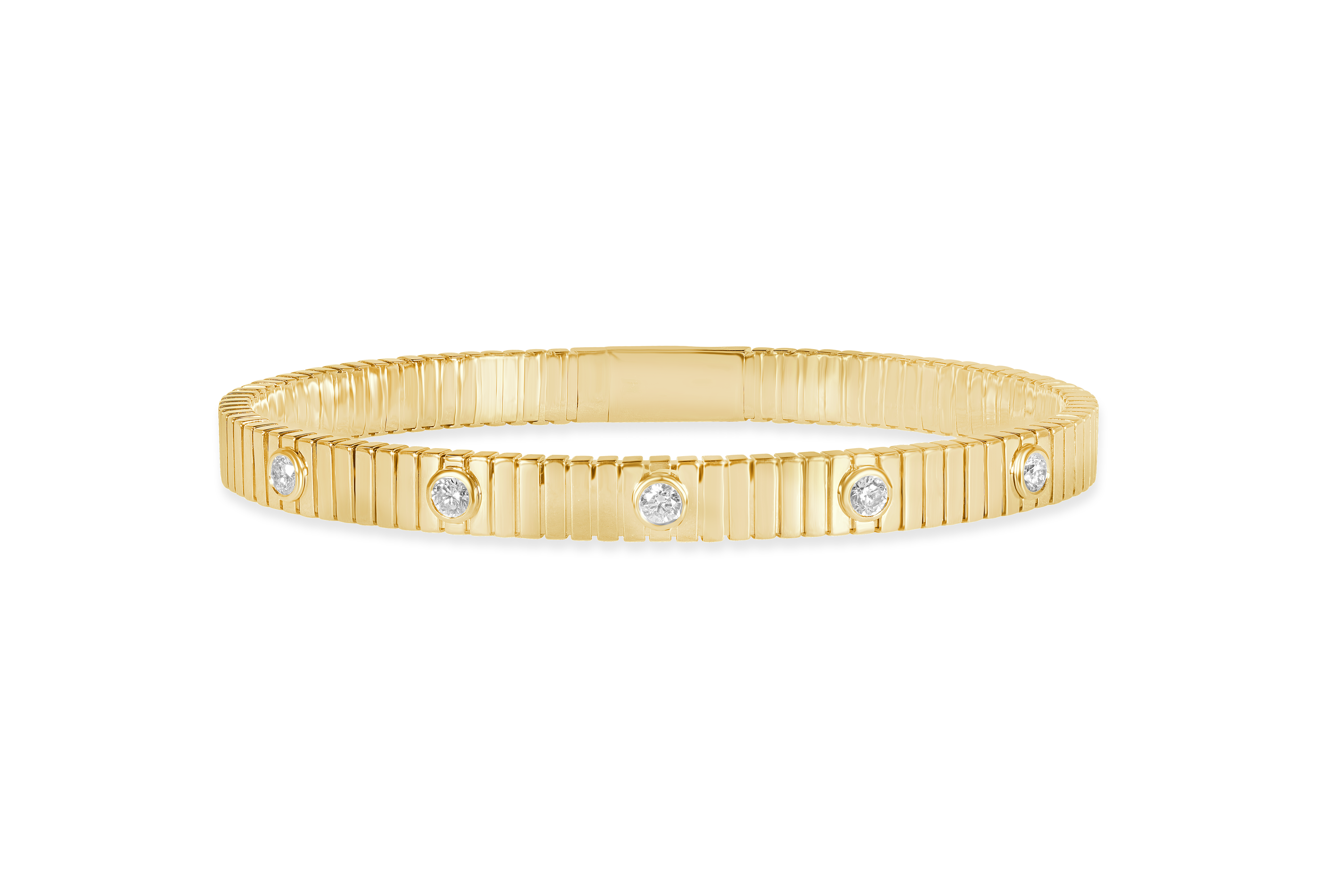 14K Yellow Gold Bezel Set Natural Diamond accented Bar Flexible Bangle Bracelet