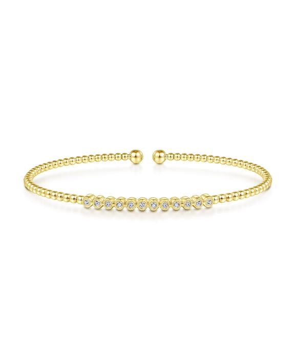14K Yellow Gold Bujukan Bead Cuff Bracelet with Bezel Set Diamond Stations
